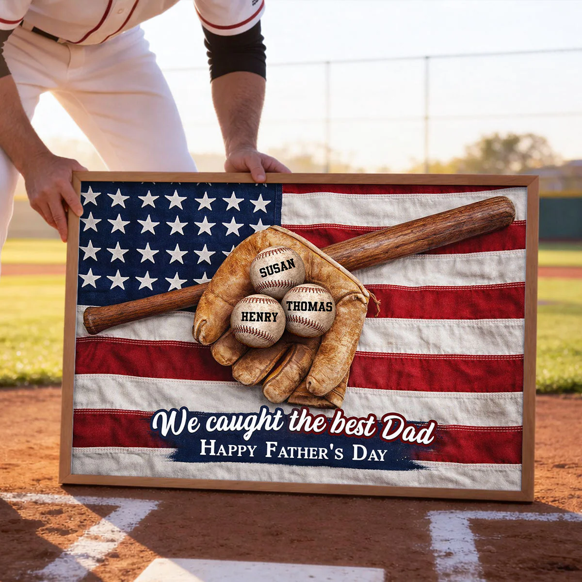 American Flag Baseball We Caught The Best Dad - Personalized Poster Canvas - Gift For Dad - Image 4