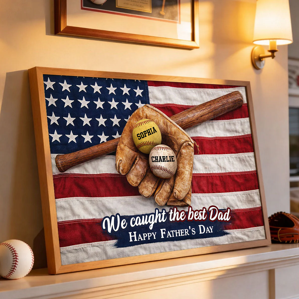 American Flag Baseball We Caught The Best Dad - Personalized Poster Canvas - Gift For Dad - Image 6