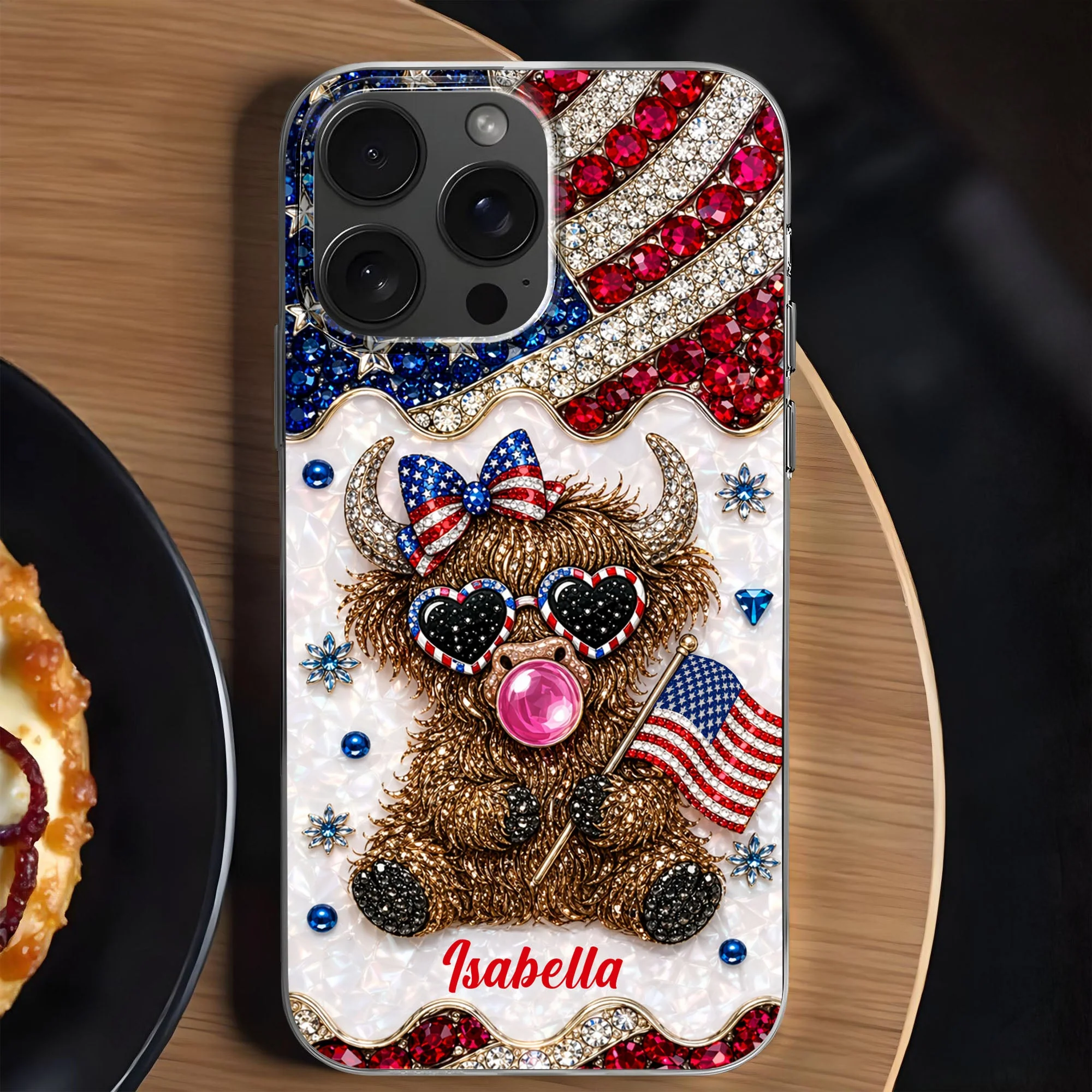 American Flag Cute Patriotic Highland Cow - Personalized Bling Phone Case - Gift For Her, Patriotic Women
