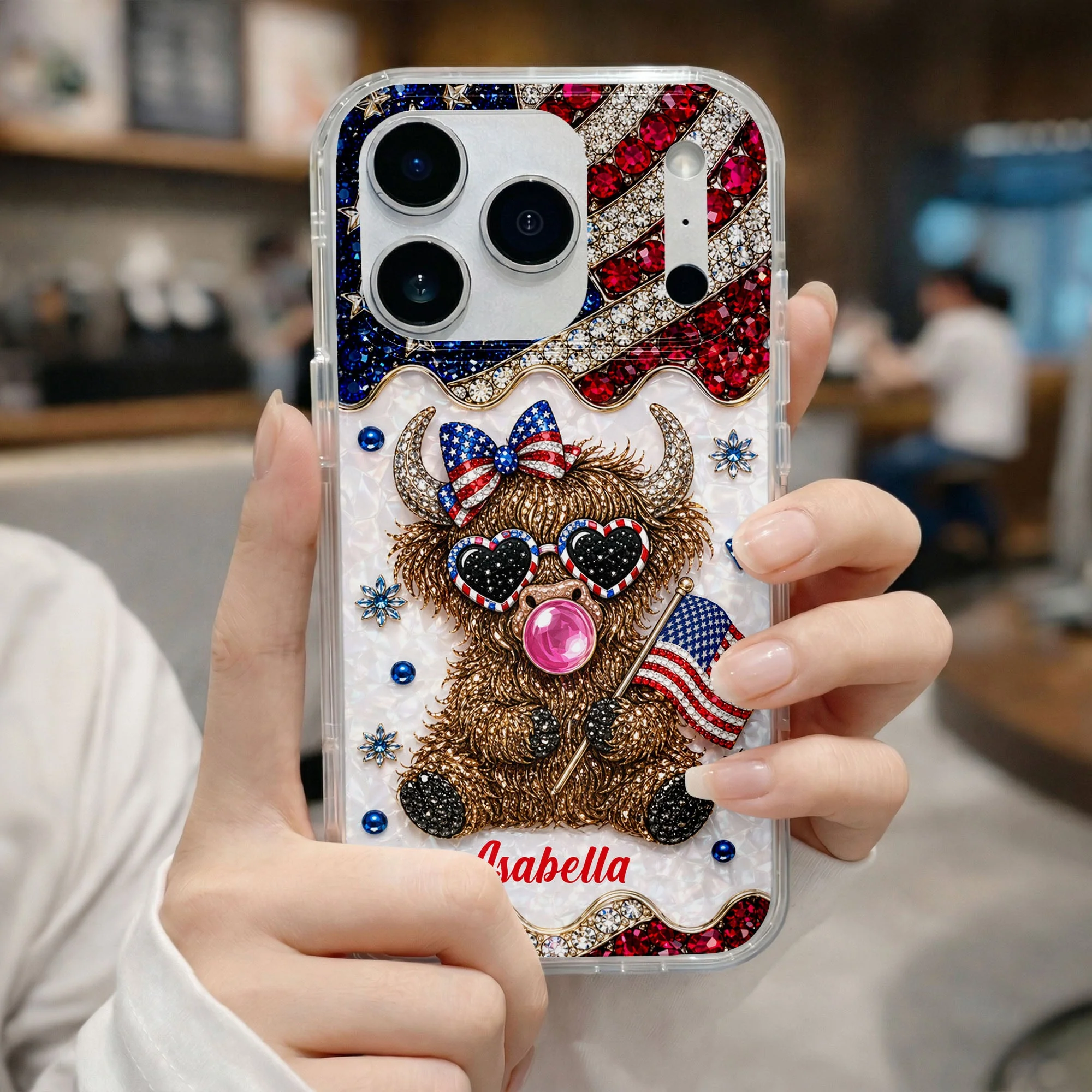 American Flag Cute Patriotic Highland Cow - Personalized Bling Phone Case - Gift For Her, Patriotic Women - Image 10