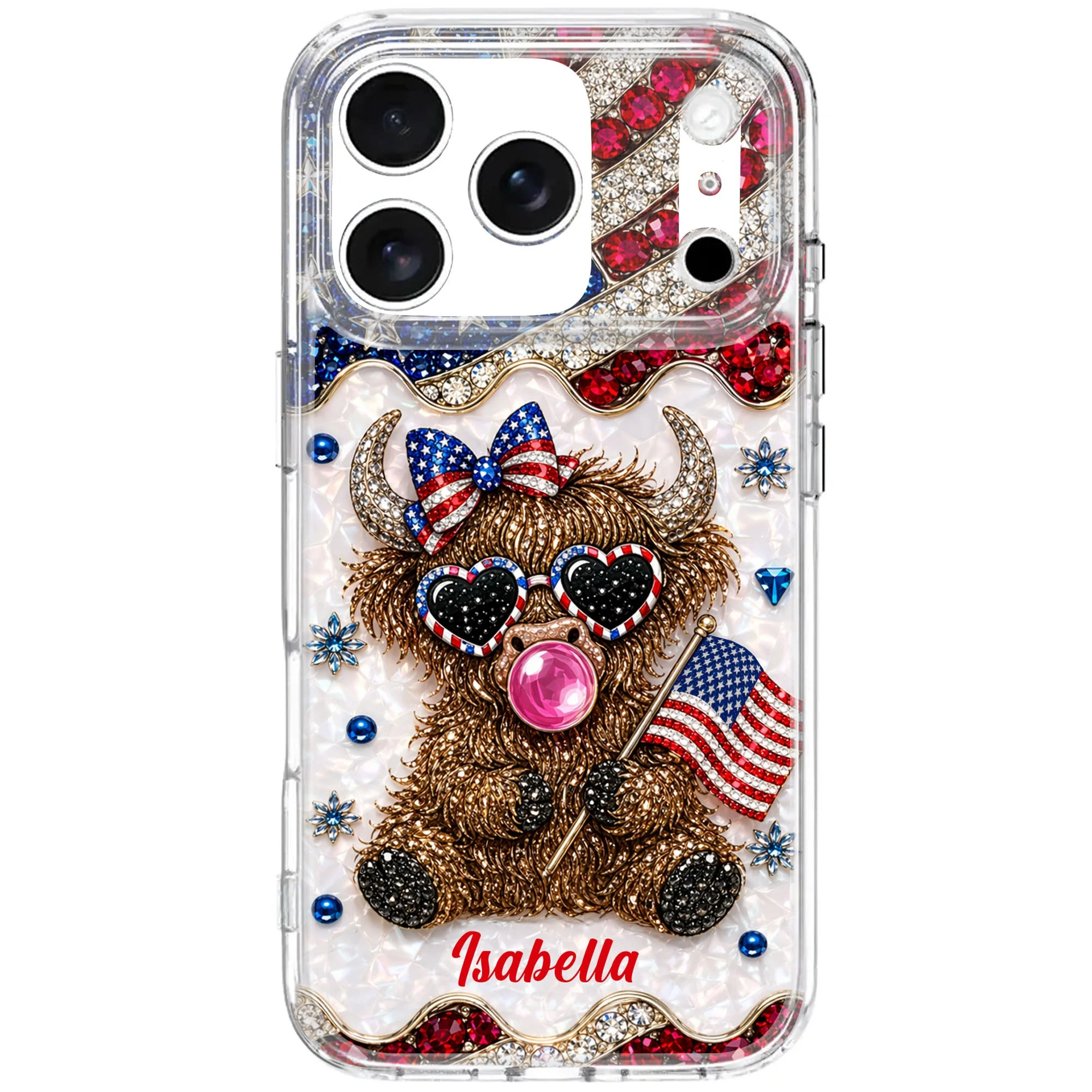 American Flag Cute Patriotic Highland Cow - Personalized Bling Phone Case - Gift For Her, Patriotic Women - Image 11
