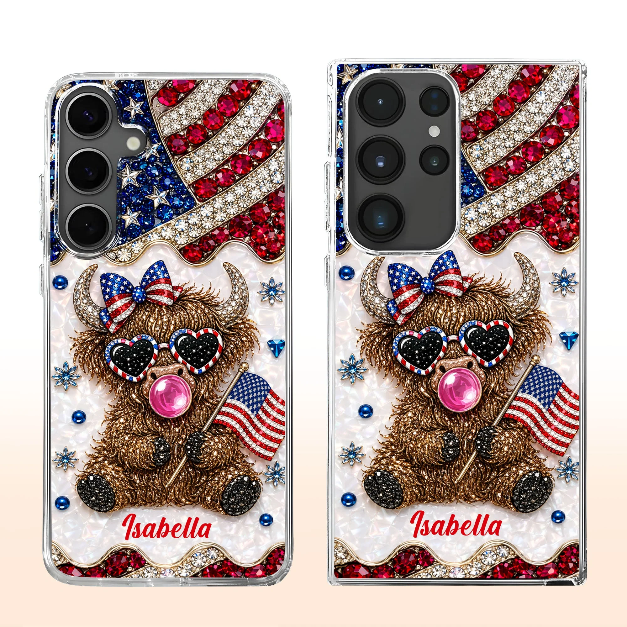 American Flag Cute Patriotic Highland Cow - Personalized Bling Phone Case - Gift For Her, Patriotic Women - Image 2