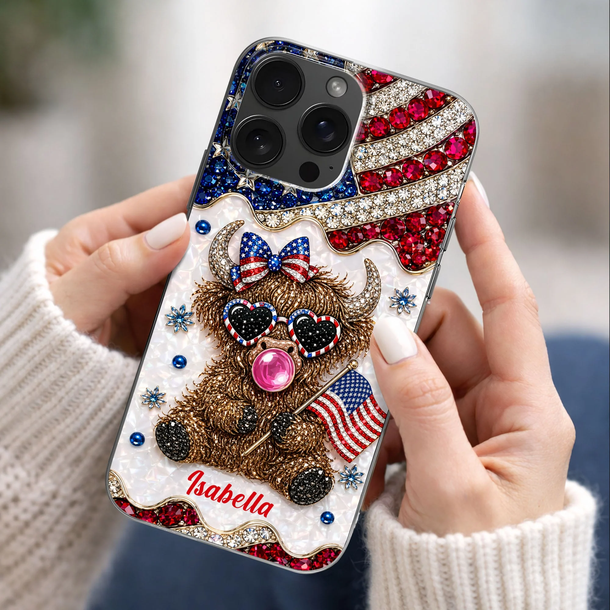 American Flag Cute Patriotic Highland Cow - Personalized Bling Phone Case - Gift For Her, Patriotic Women - Image 3