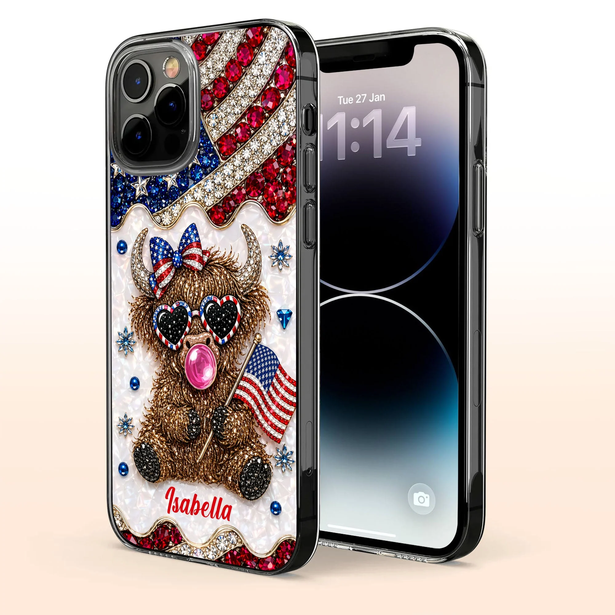 American Flag Cute Patriotic Highland Cow - Personalized Bling Phone Case - Gift For Her, Patriotic Women - Image 4