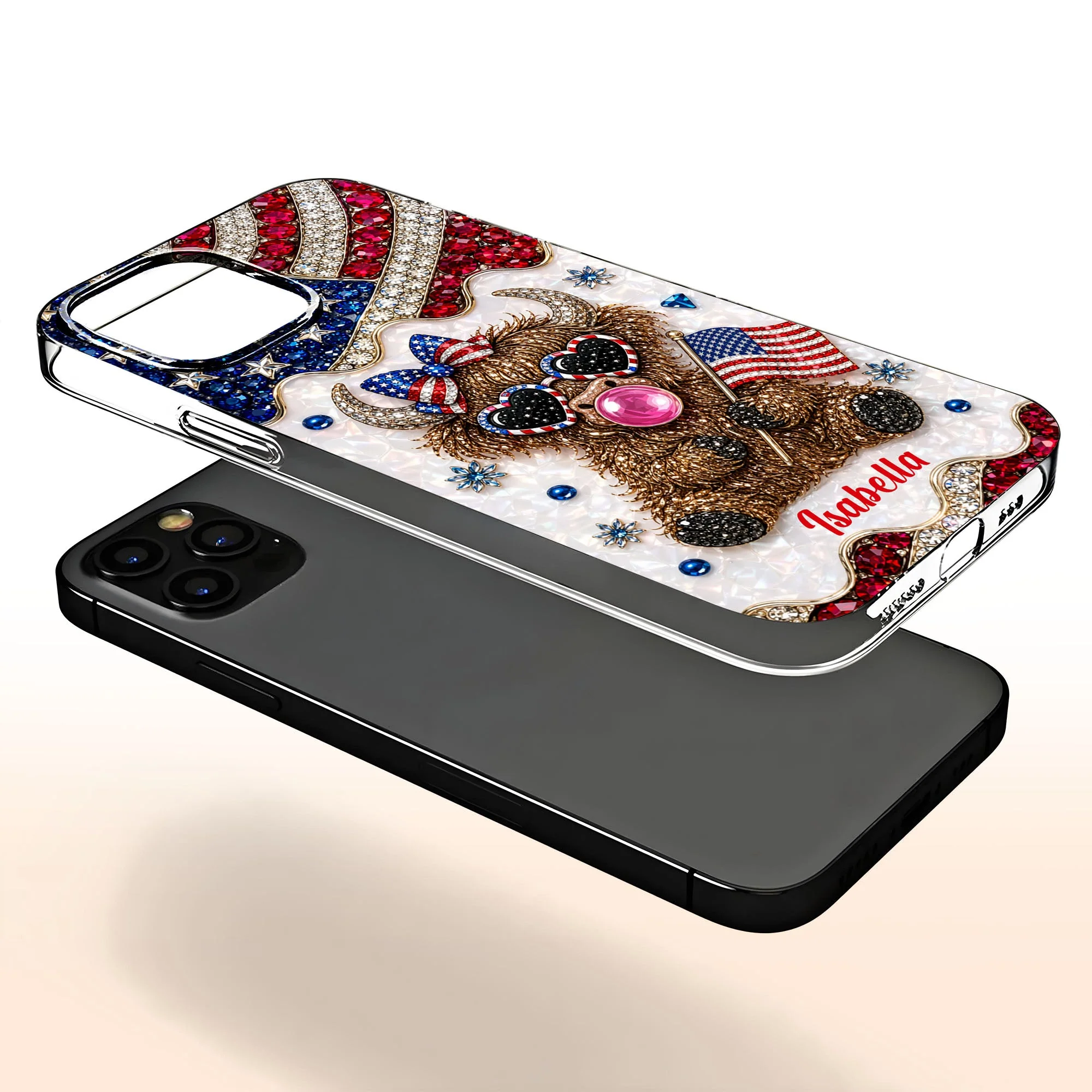 American Flag Cute Patriotic Highland Cow - Personalized Bling Phone Case - Gift For Her, Patriotic Women - Image 5