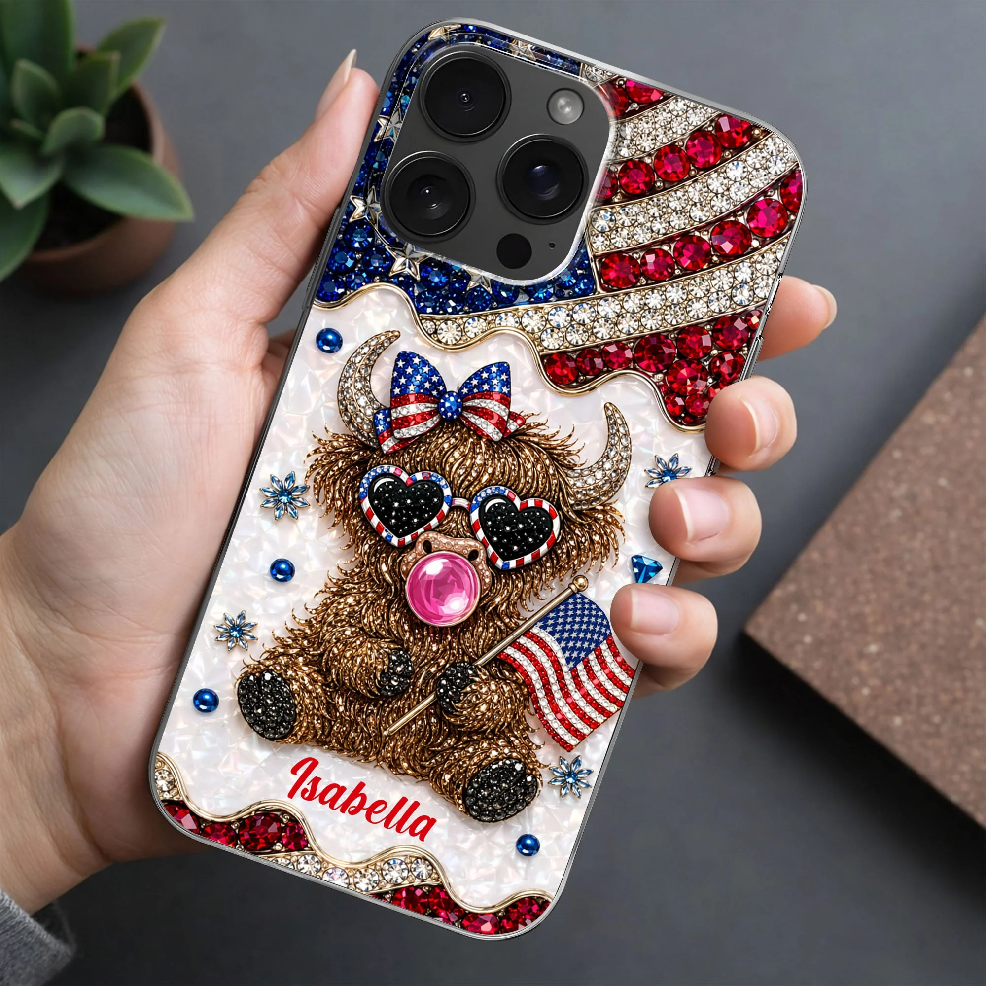 American Flag Cute Patriotic Highland Cow - Personalized Bling Phone Case - Gift For Her, Patriotic Women - Image 6