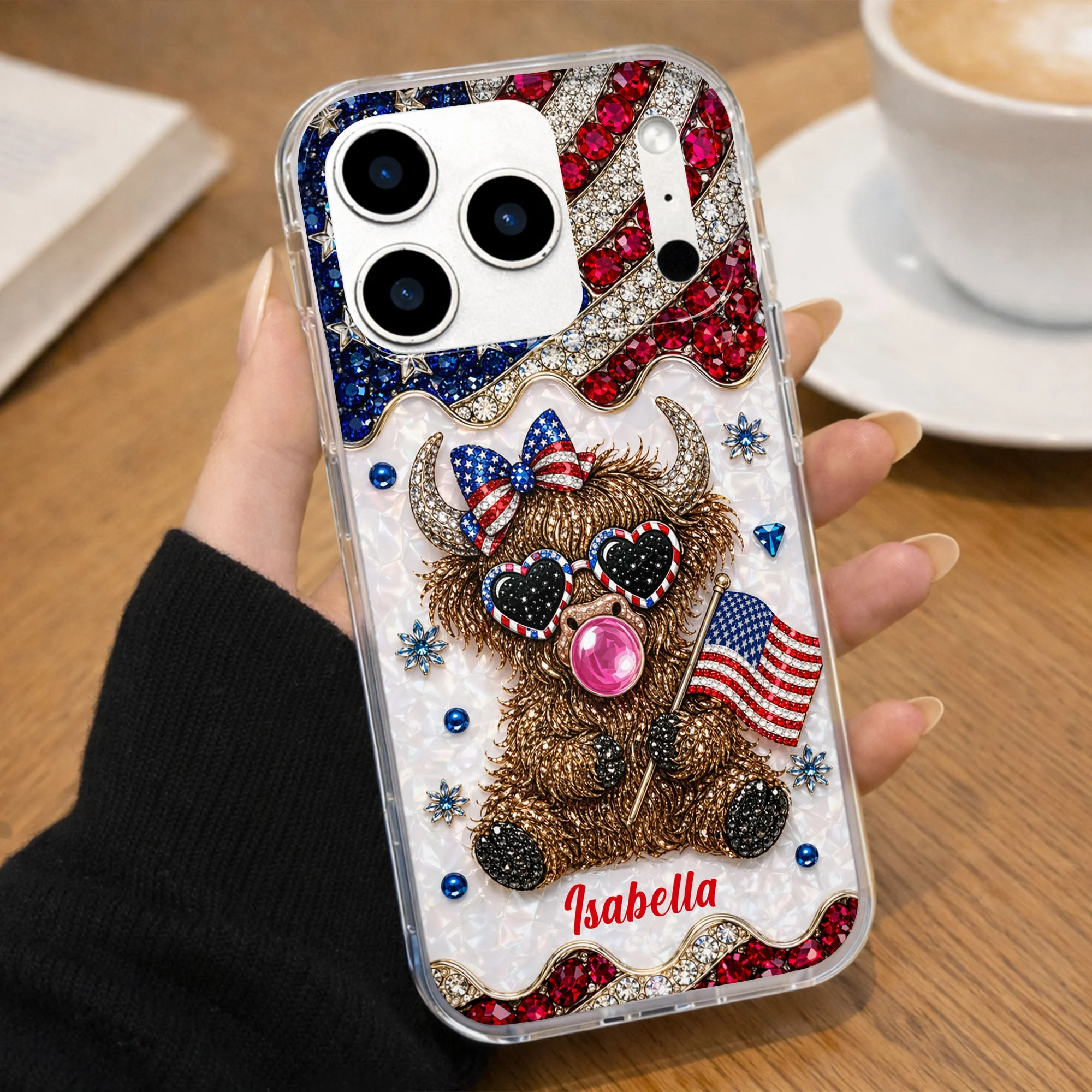 American Flag Cute Patriotic Highland Cow - Personalized Bling Phone Case - Gift For Her, Patriotic Women - Image 7