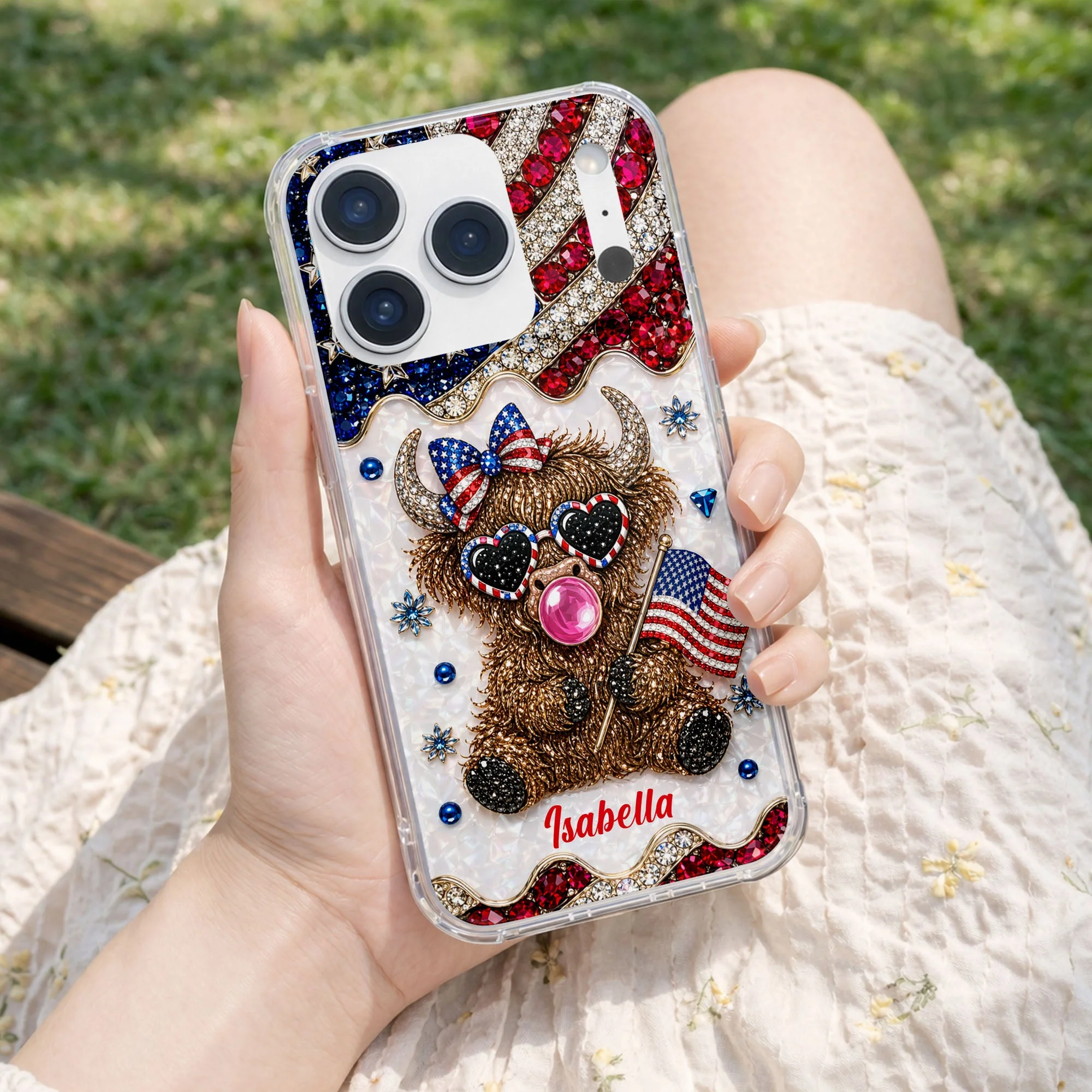 American Flag Cute Patriotic Highland Cow - Personalized Bling Phone Case - Gift For Her, Patriotic Women - Image 8