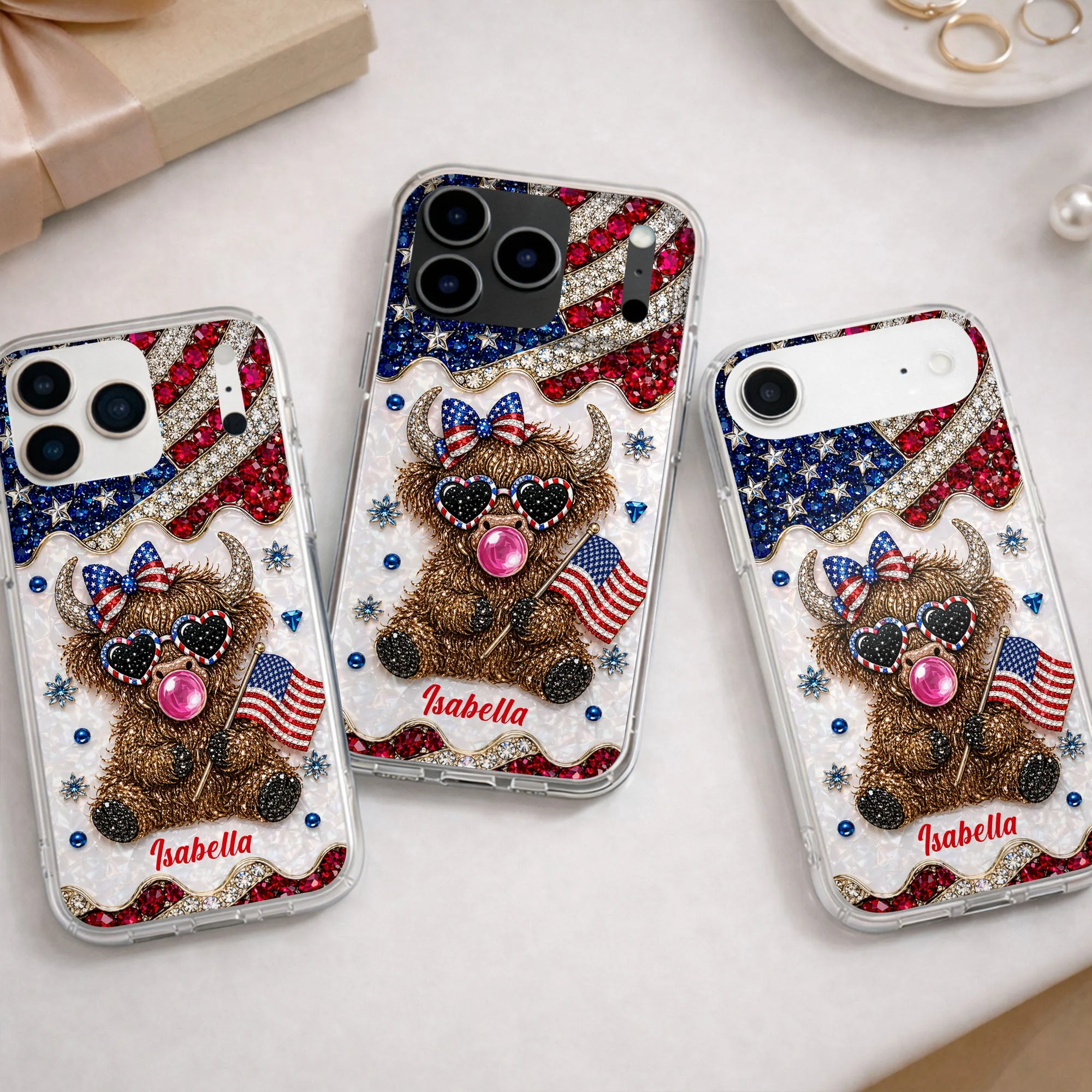 American Flag Cute Patriotic Highland Cow - Personalized Bling Phone Case - Gift For Her, Patriotic Women - Image 9