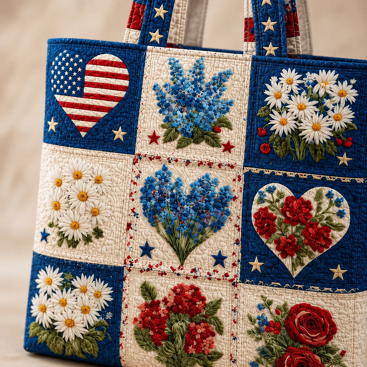 American Flag Floral Patchwork Purse - Personalized Patriotic Quilted Tote Bag - Gift For Her, Patriots - Image 4