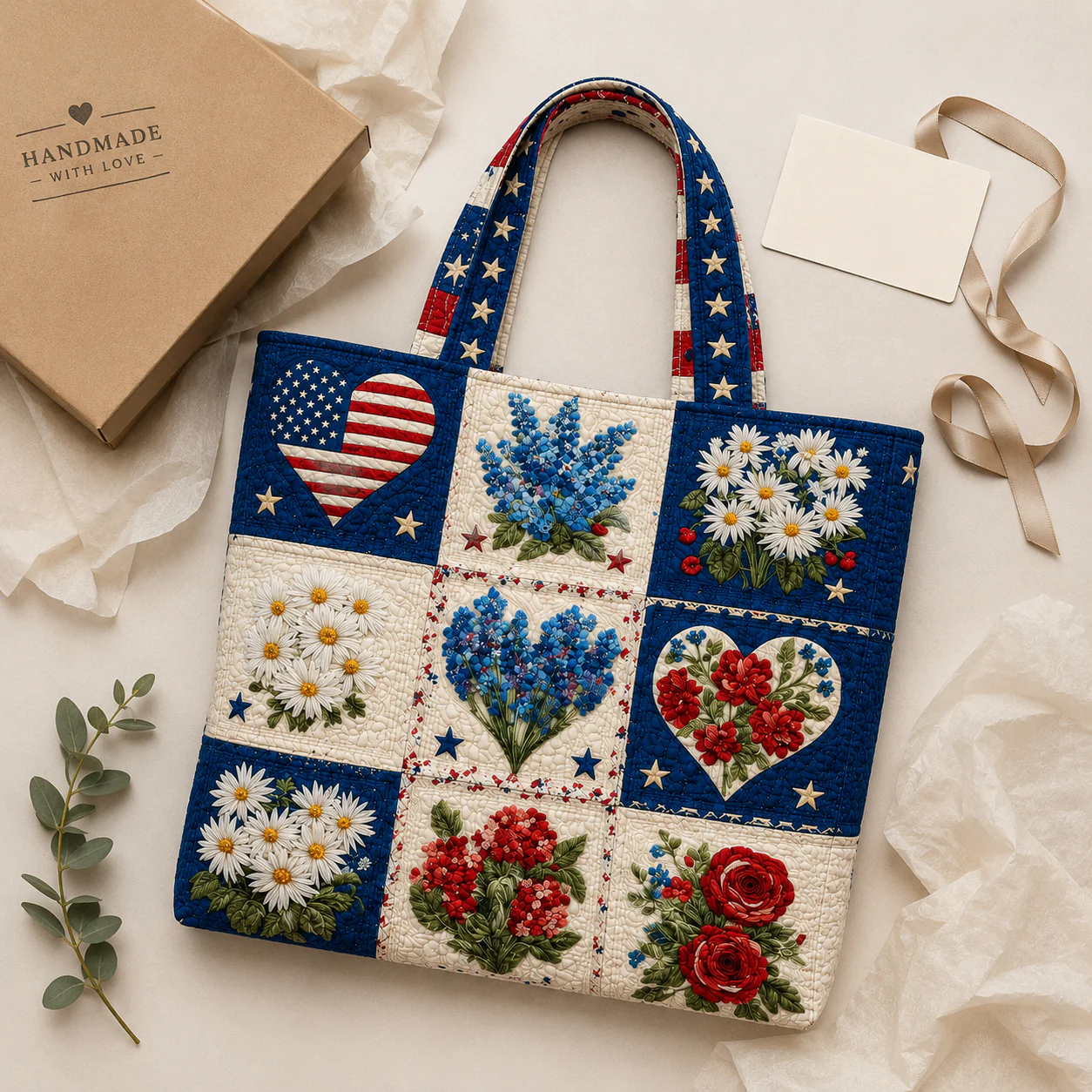 American Flag Floral Patchwork Purse - Personalized Patriotic Quilted Tote Bag - Gift For Her, Patriots - Image 5