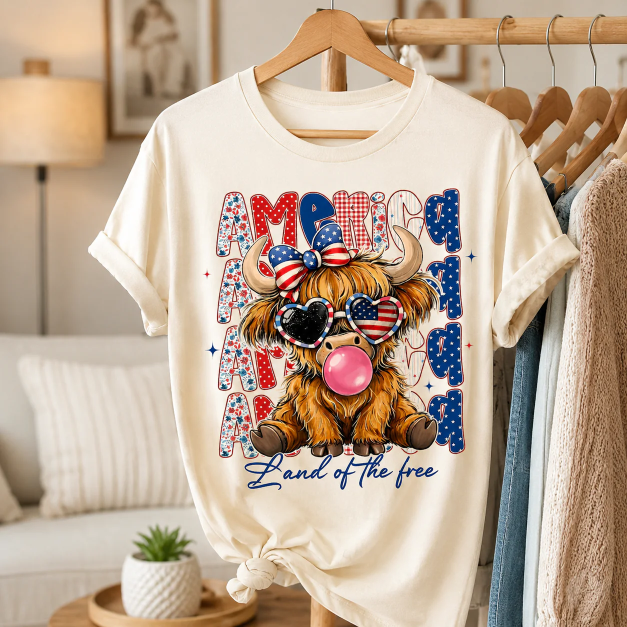 American Flag Highland Cow Land Of The Free - Personalized Light Shirt - Gift For Patriots