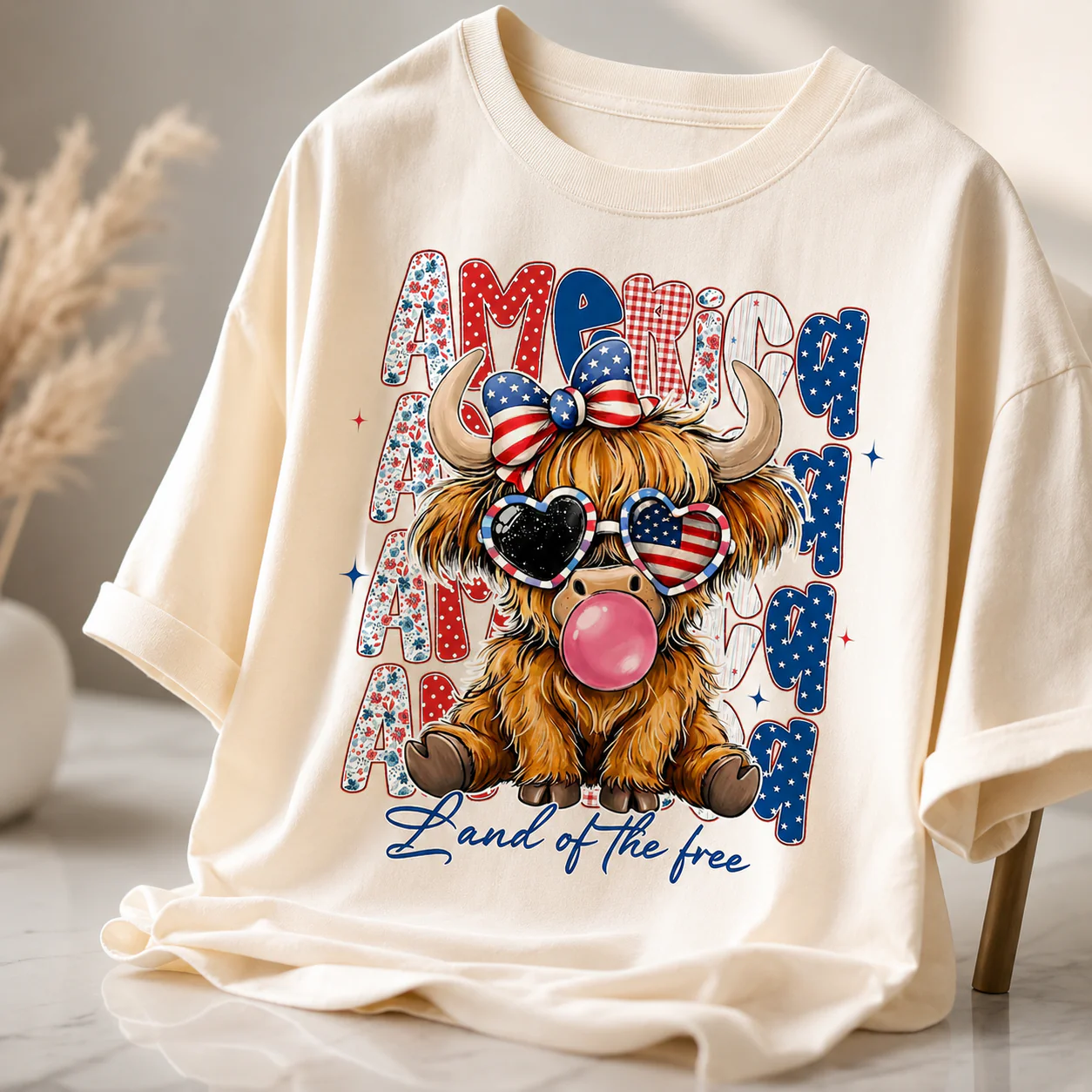 American Flag Highland Cow Land Of The Free - Personalized Light Shirt - Gift For Patriots - Image 2