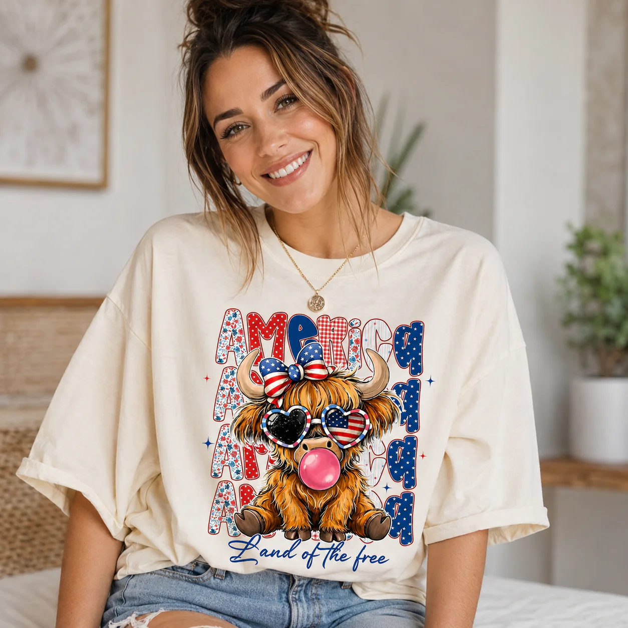 American Flag Highland Cow Land Of The Free - Personalized Light Shirt - Gift For Patriots - Image 3