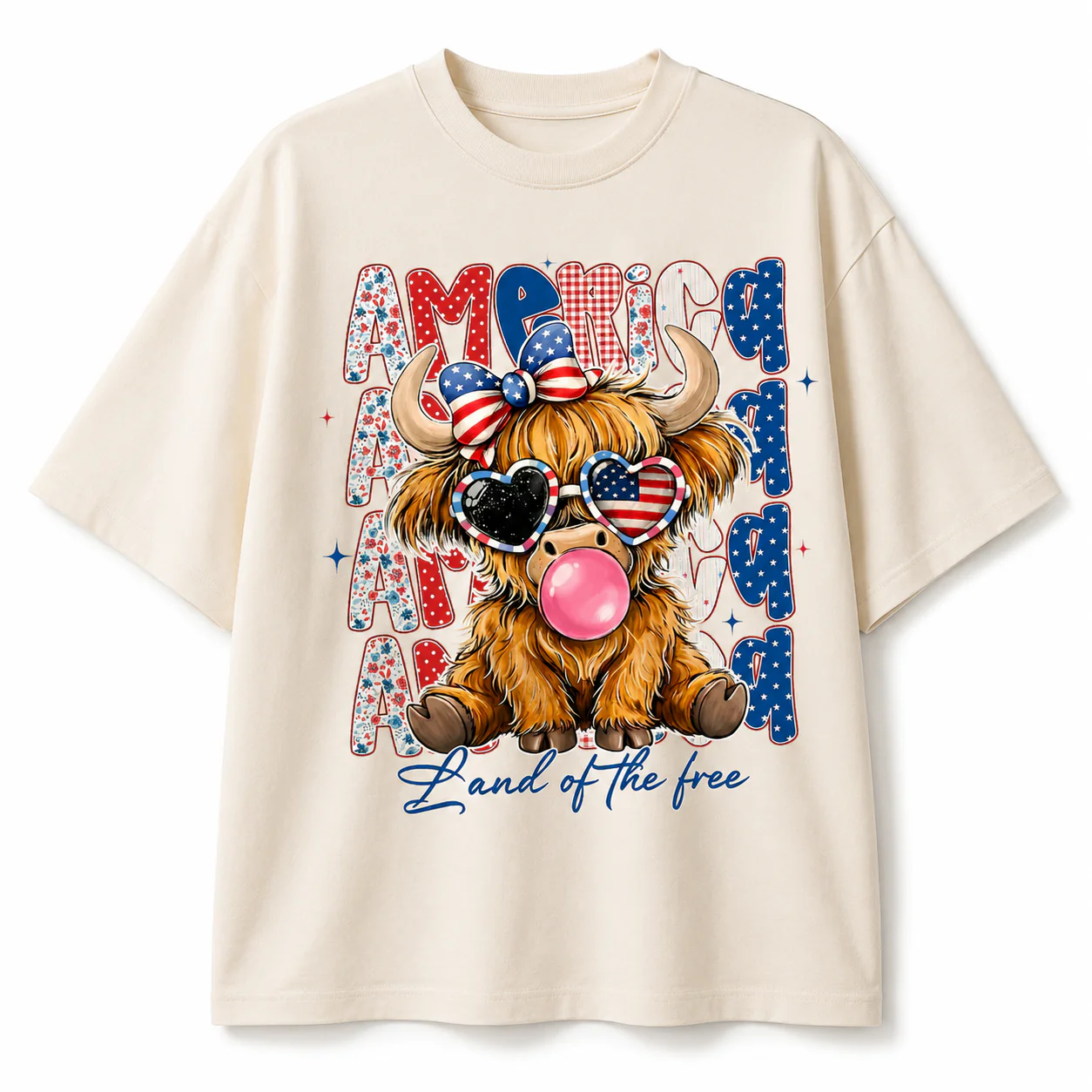 American Flag Highland Cow Land Of The Free - Personalized Light Shirt - Gift For Patriots - Image 6