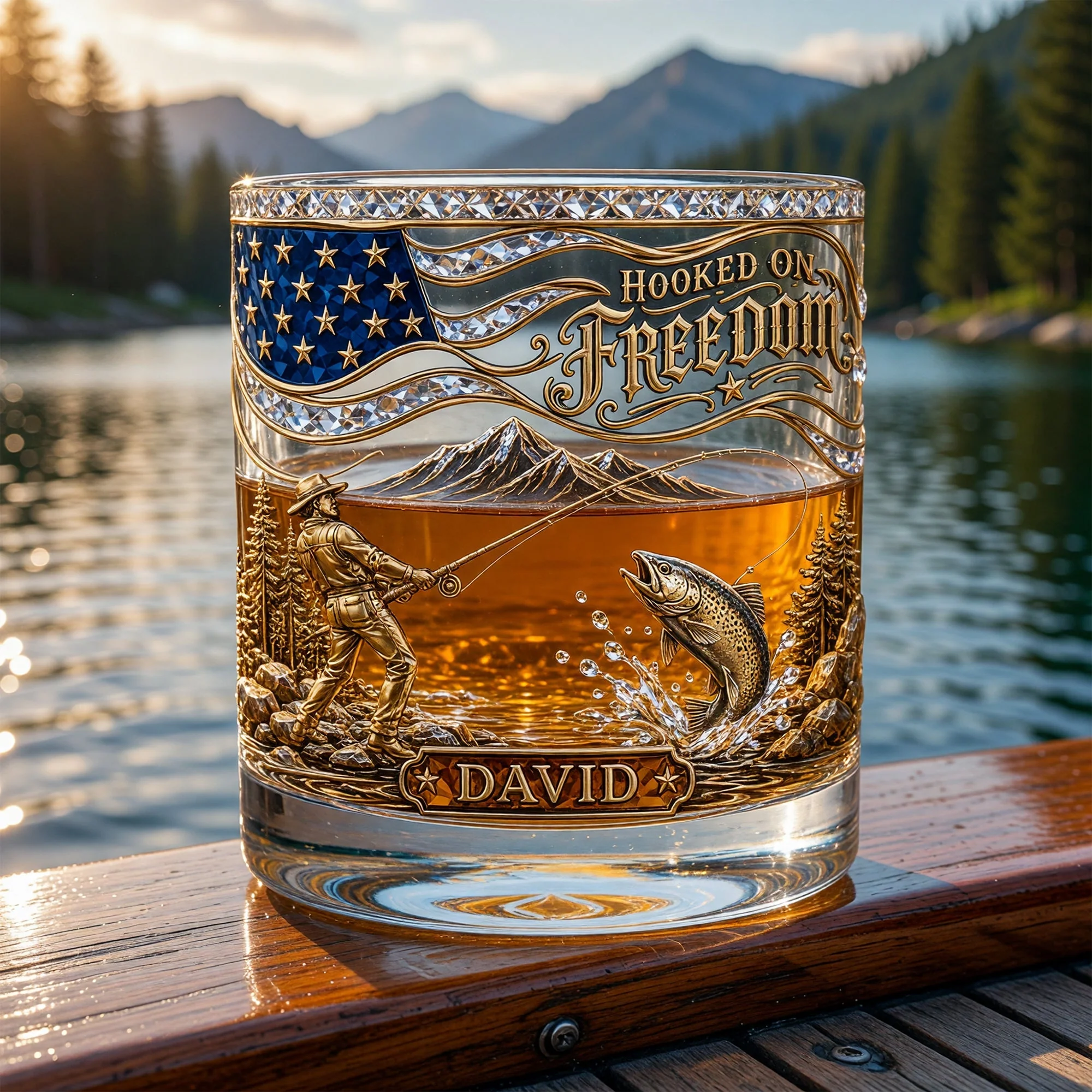 American Flag Hooked On Freedom - Personalized Whiskey Glass - Gift For Dad, Patriotic Fisherman - Image 2