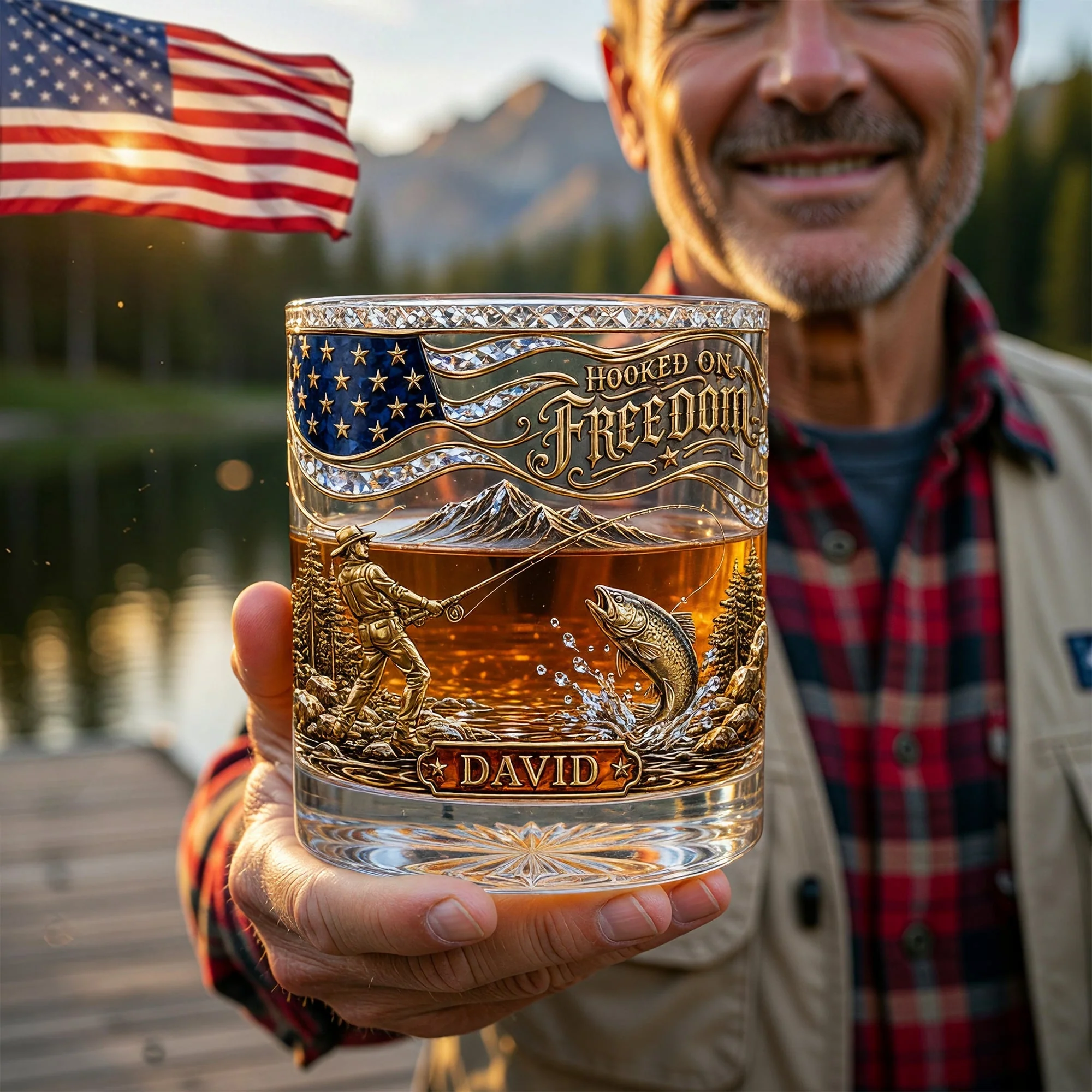 American Flag Hooked On Freedom - Personalized Whiskey Glass - Gift For Dad, Patriotic Fisherman - Image 3