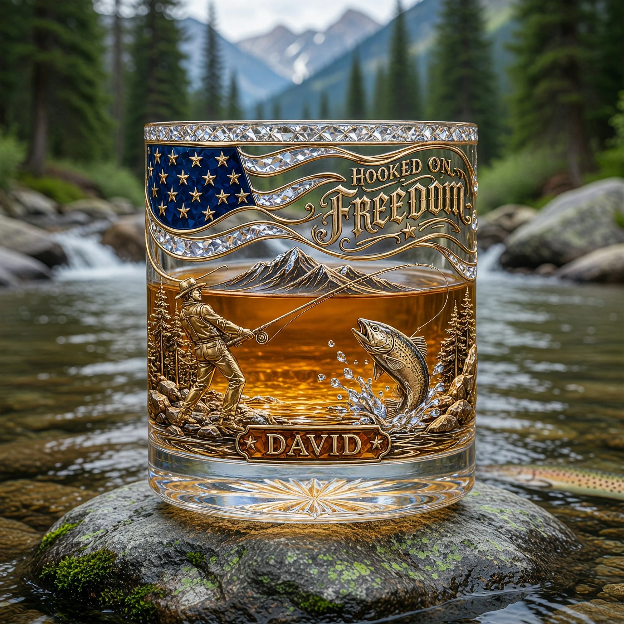 American Flag Hooked On Freedom - Personalized Whiskey Glass - Gift For Dad, Patriotic Fisherman - Image 4