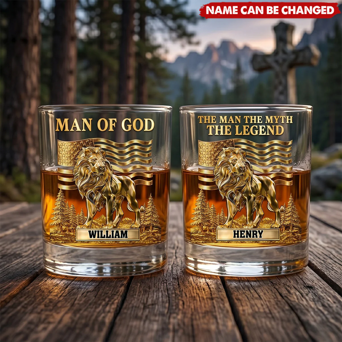 American Flag Lion Man Of God - Personalized Whiskey Glass - Gift For Dad, Grandpa - Image 4