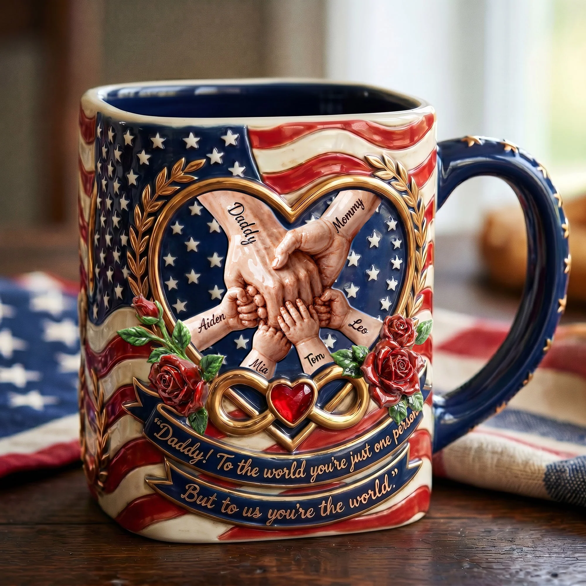 American Flag Love Infinity Heart Daddy To Us You're The World - Personalized Mug - Gift For Patriotic Dad, Family
