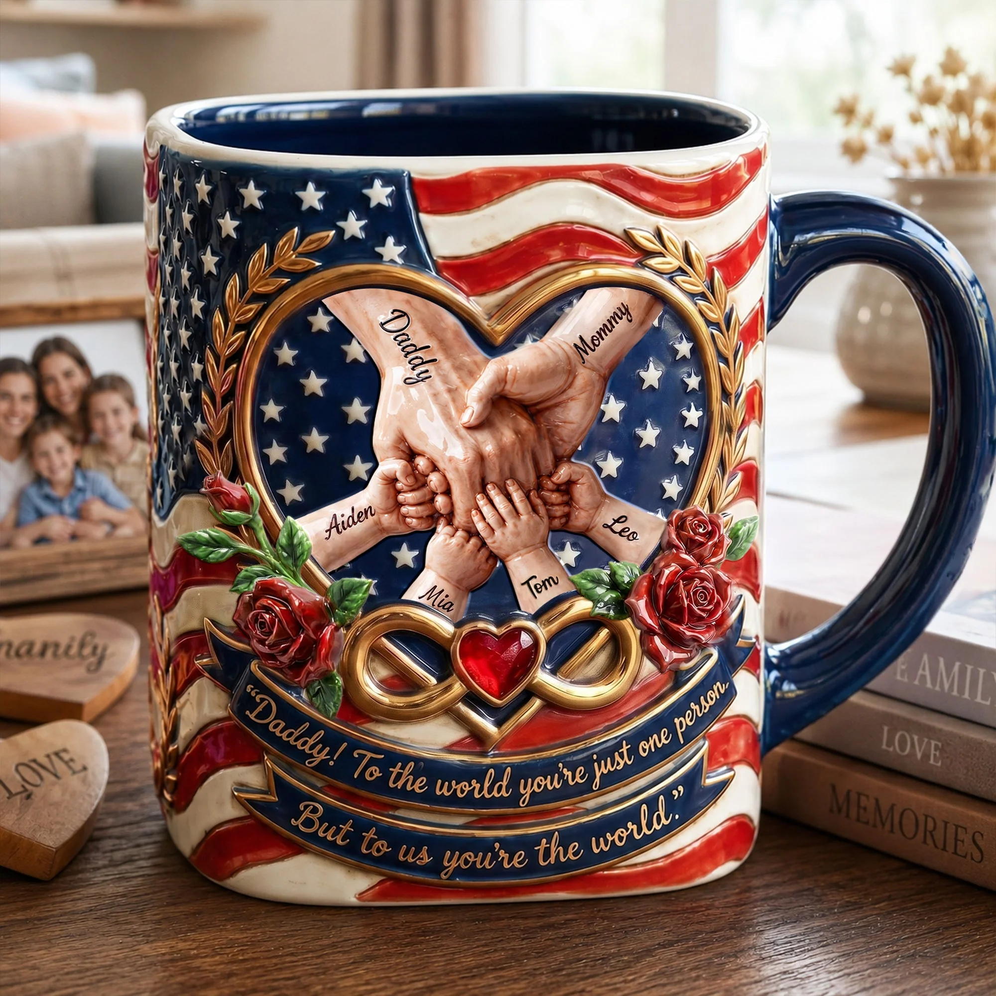 American Flag Love Infinity Heart Daddy To Us You're The World - Personalized Mug - Gift For Patriotic Dad, Family - Image 2
