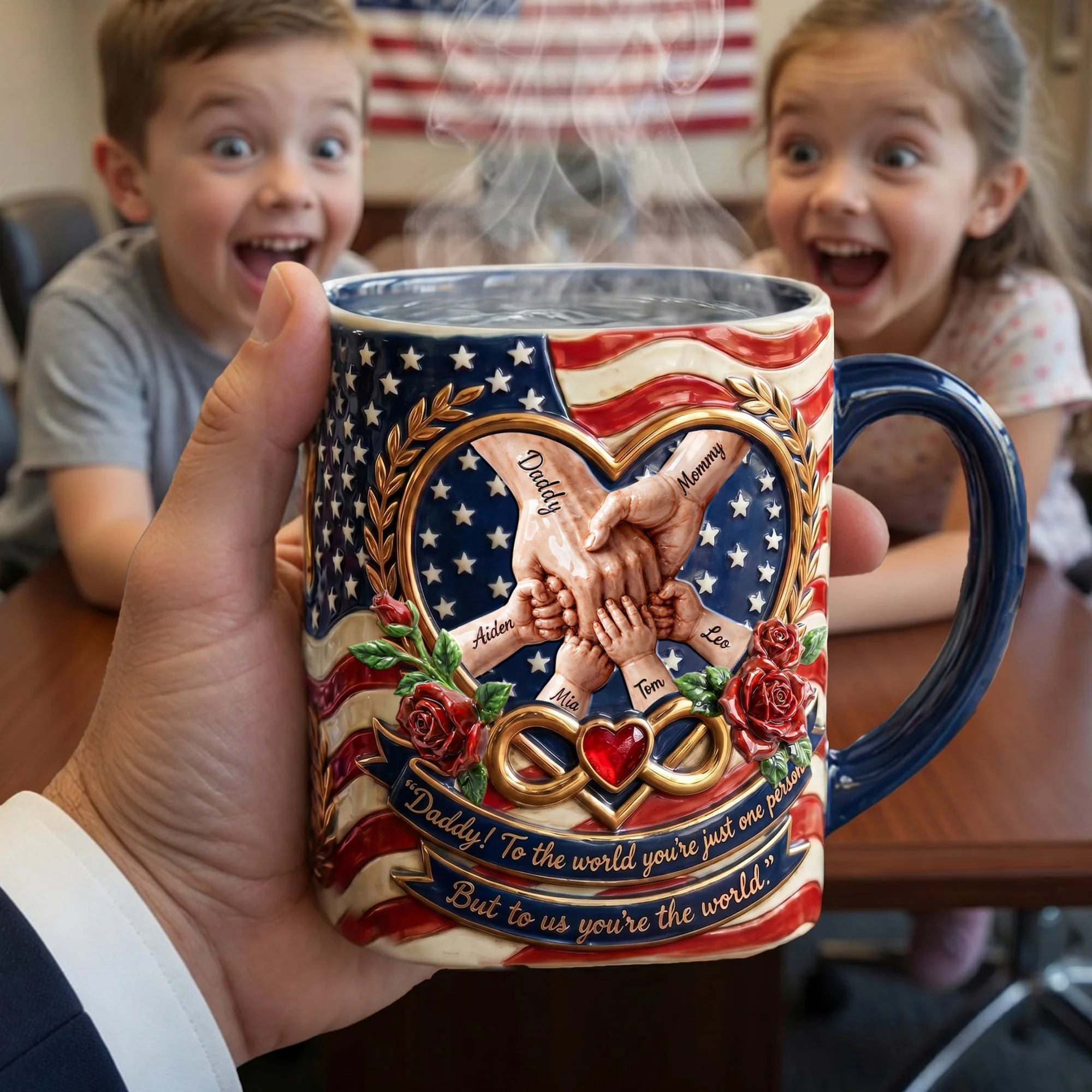 American Flag Love Infinity Heart Daddy To Us You're The World - Personalized Mug - Gift For Patriotic Dad, Family - Image 3