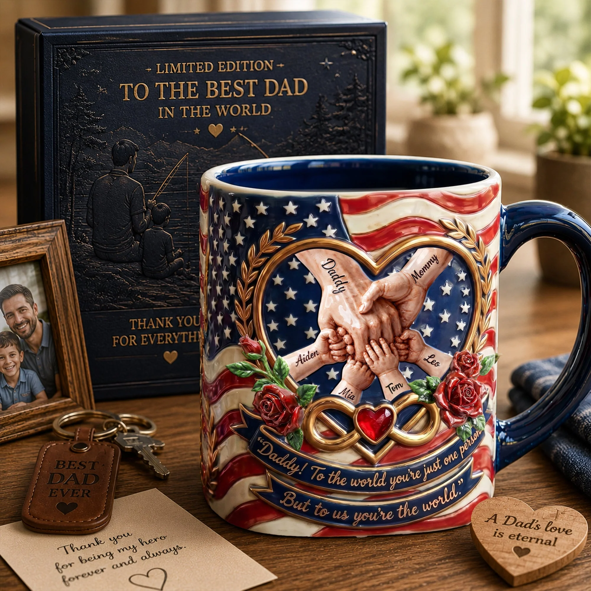 American Flag Love Infinity Heart Daddy To Us You're The World - Personalized Mug - Gift For Patriotic Dad, Family - Image 4