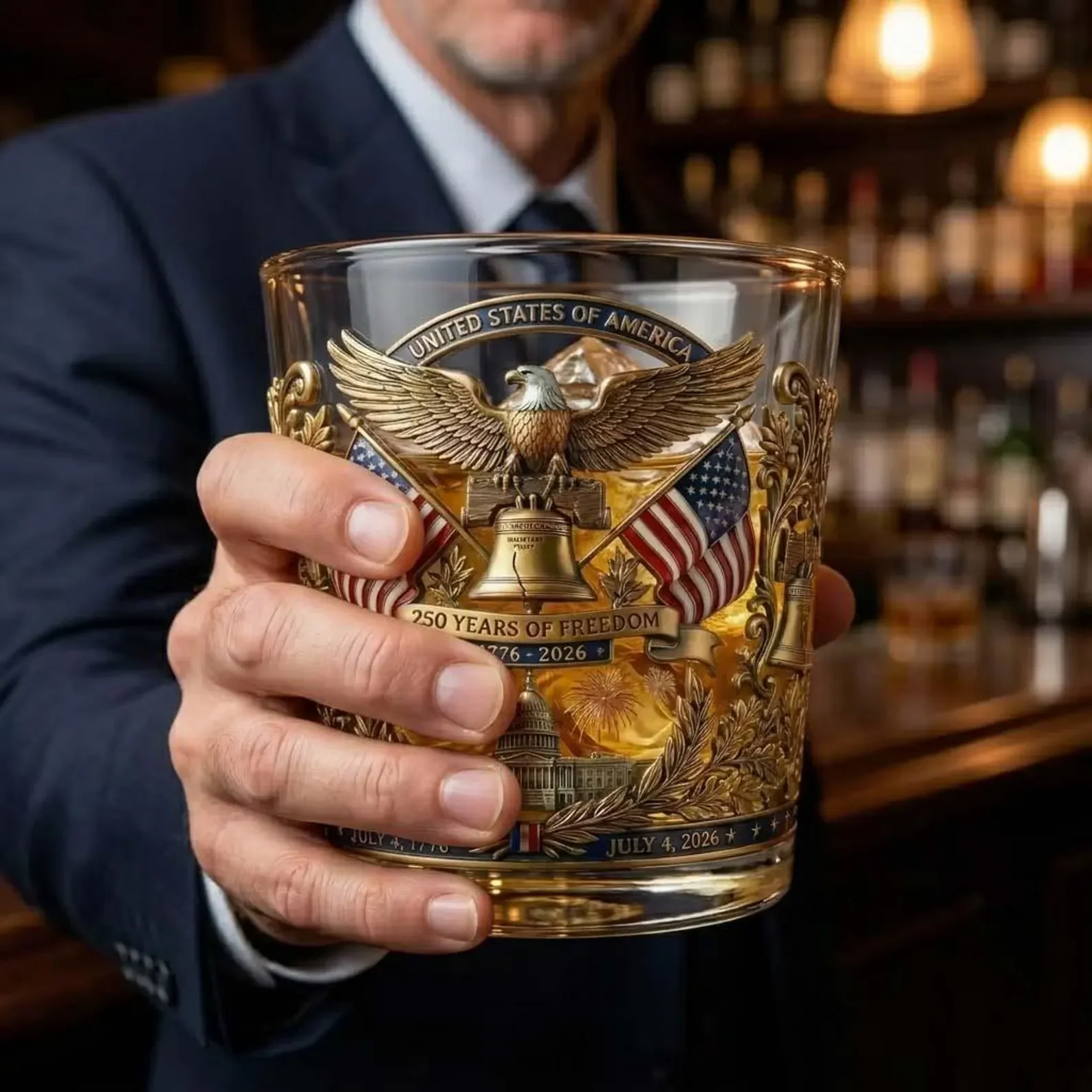 American Flag Patriotic Eagle 250 Years Of Freedom - Personalized Whiskey Glass - Gift For Patriots