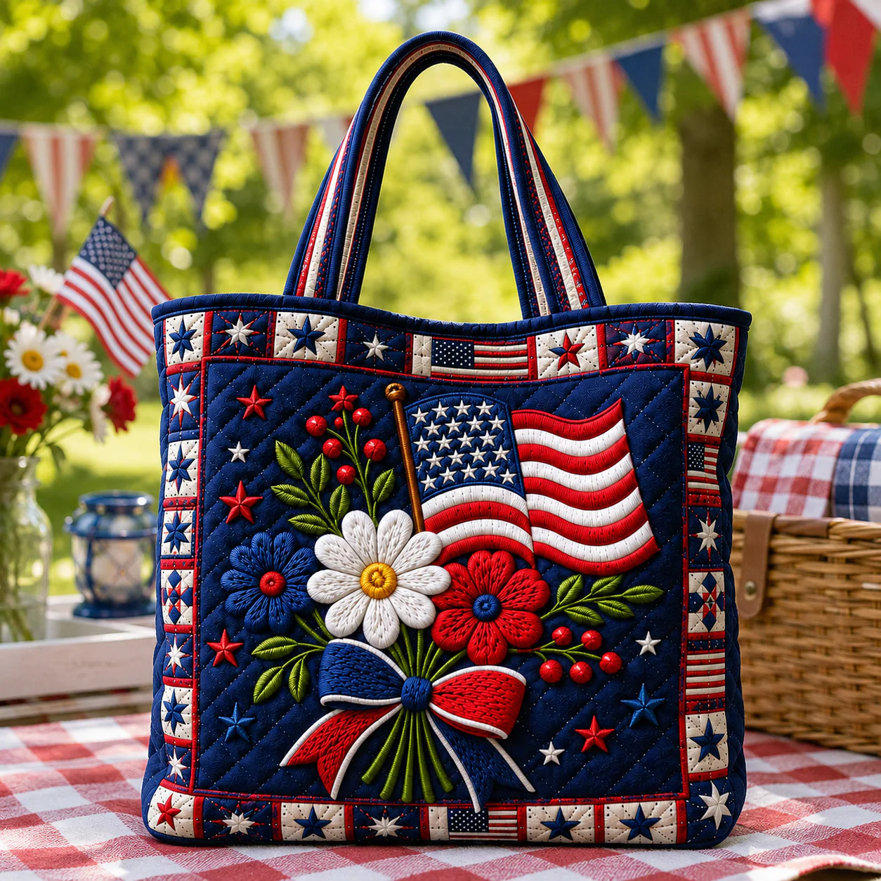 American Flag Patriotic Floral Red White Blue - Patriotic Quilted Tote Bag - Gift For Her, Patriots - Image 2