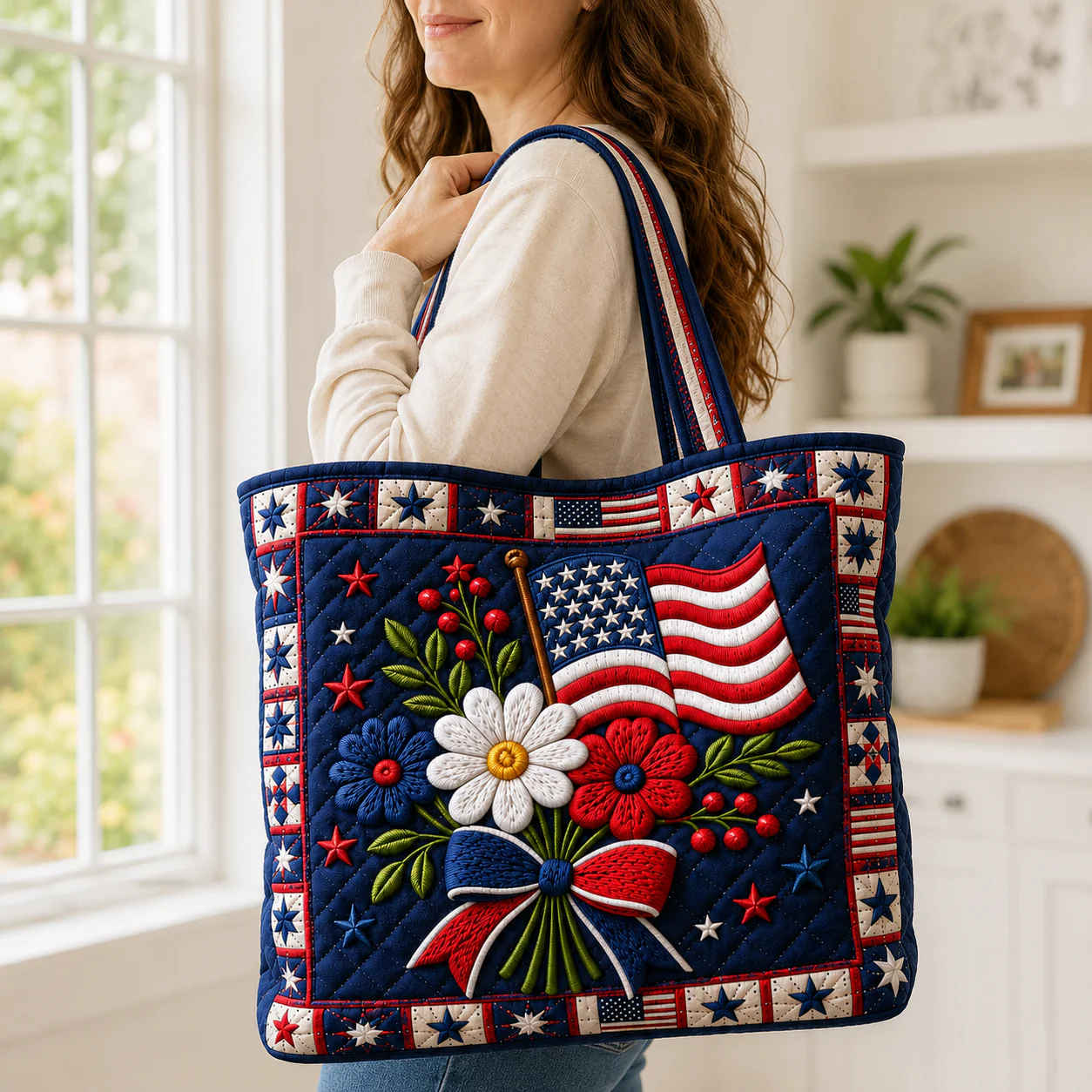 American Flag Patriotic Floral Red White Blue - Patriotic Quilted Tote Bag - Gift For Her, Patriots - Image 4