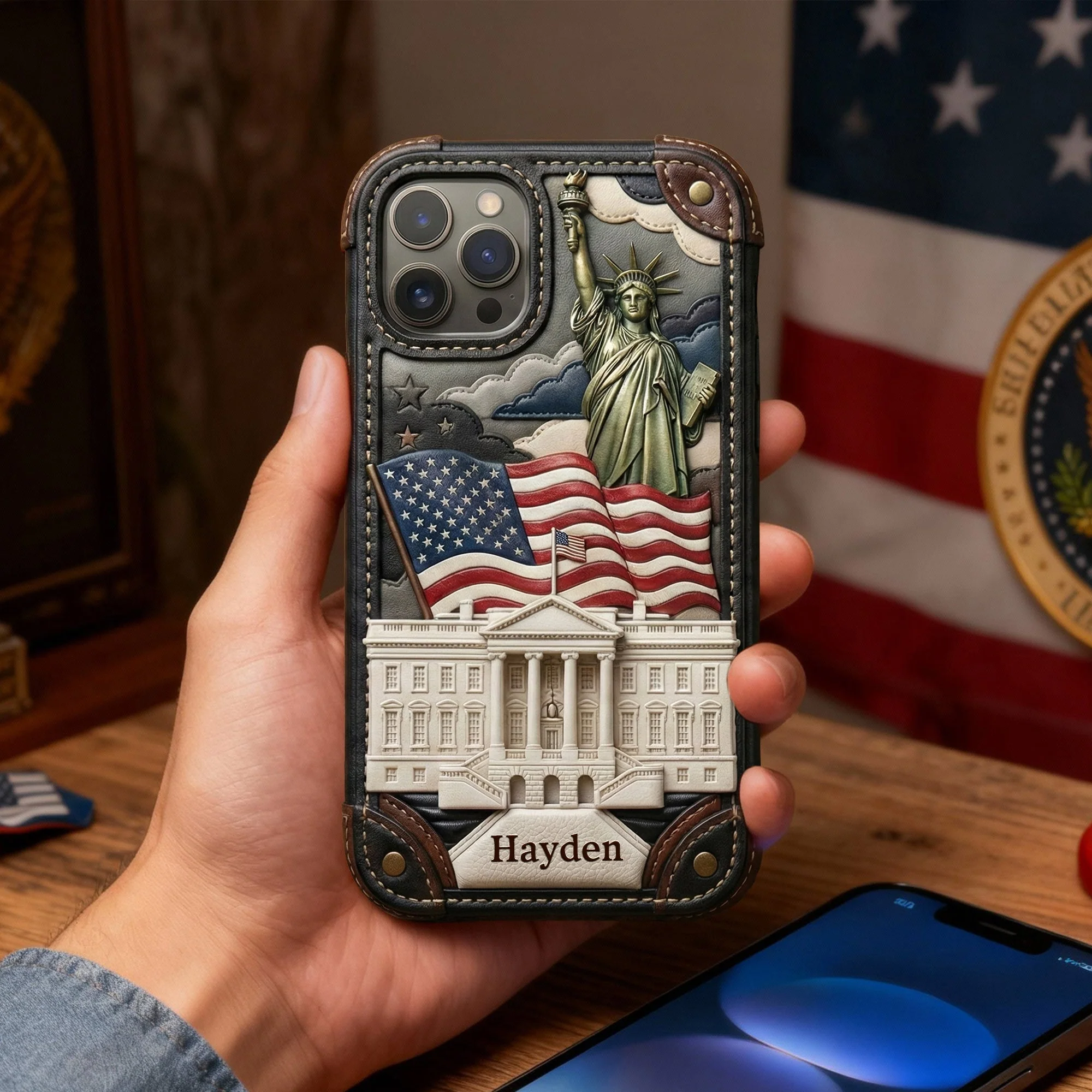 American Flag Statue Liberty 250 Anniversary - Personalized Phone Case - Gift For Patriots - Image 3