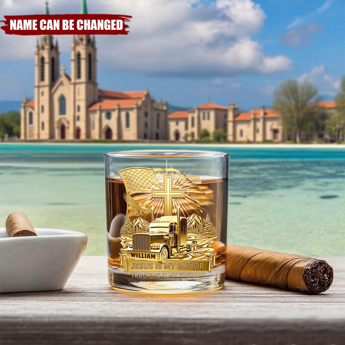 American Flag Trucker's Faith Jesus Is My Savior Trucking Is My Therapy - Personalized Whiskey Glass - Gift For Dad, Grandpa - Image 2
