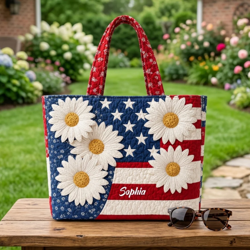 American Flag White Daisy Personalized Quilted Tote Bag - Patriotic Gift For Her