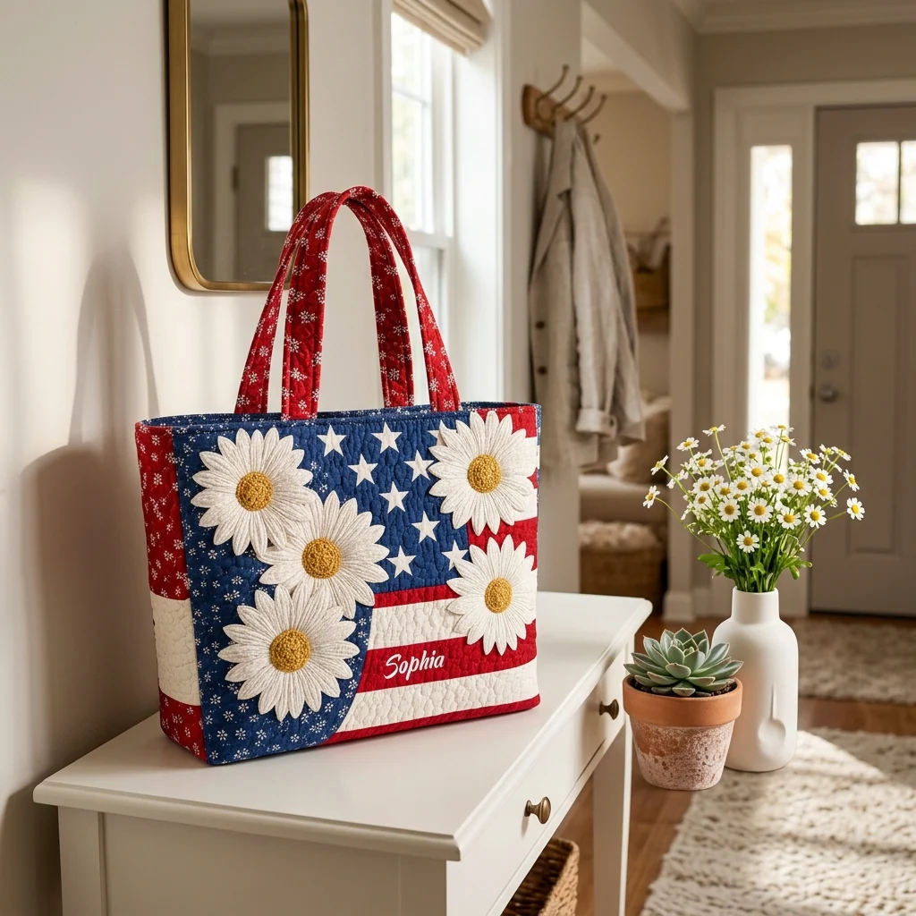 American Flag White Daisy Personalized Quilted Tote Bag - Patriotic Gift For Her - Image 3