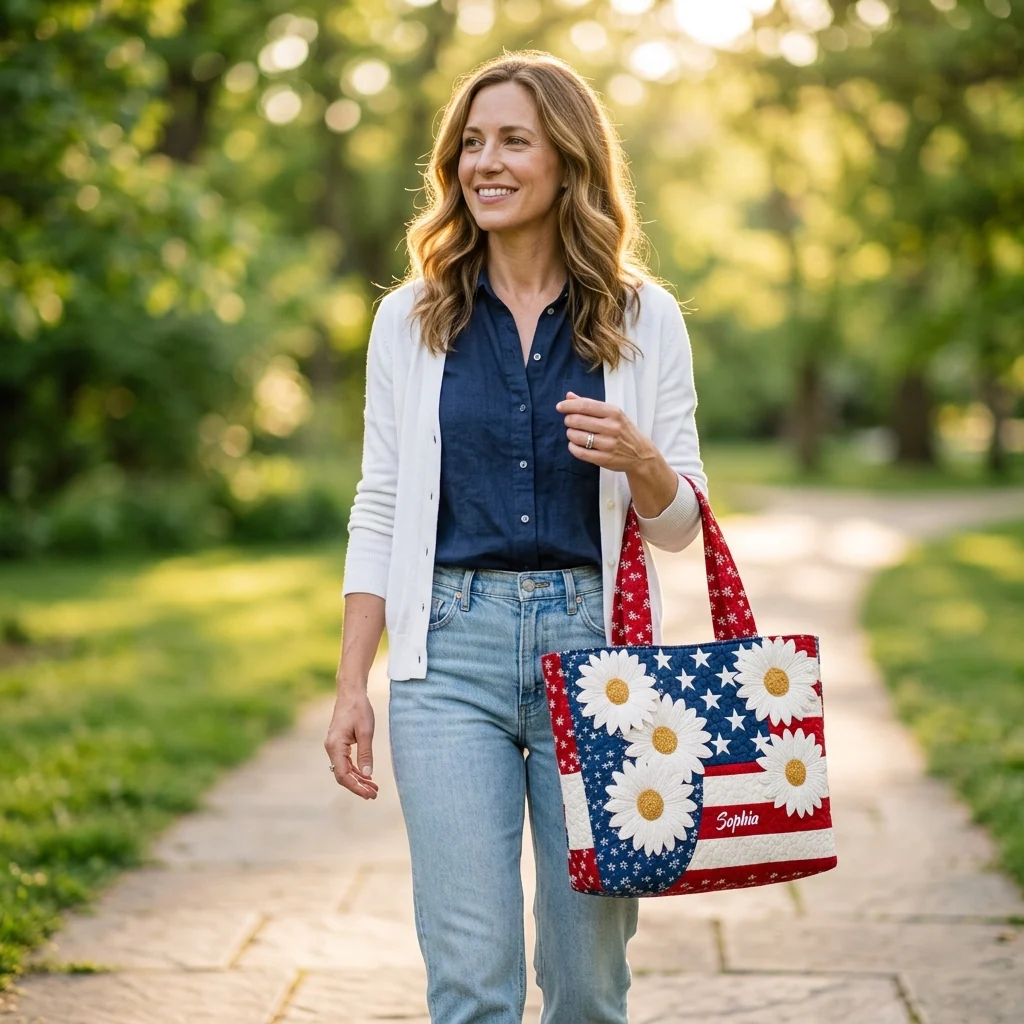 American Flag White Daisy Personalized Quilted Tote Bag - Patriotic Gift For Her - Image 4