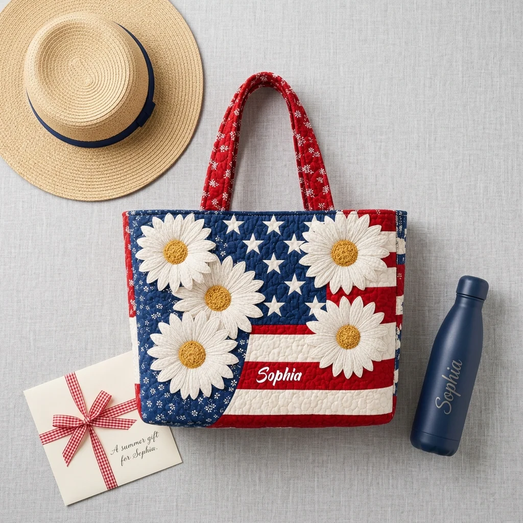 American Flag White Daisy Personalized Quilted Tote Bag - Patriotic Gift For Her - Image 5