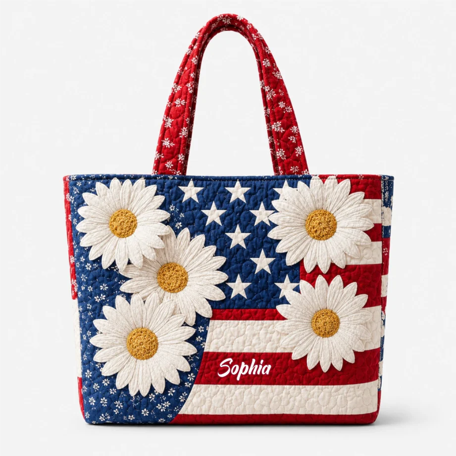 American Flag White Daisy Personalized Quilted Tote Bag - Patriotic Gift For Her - Image 6