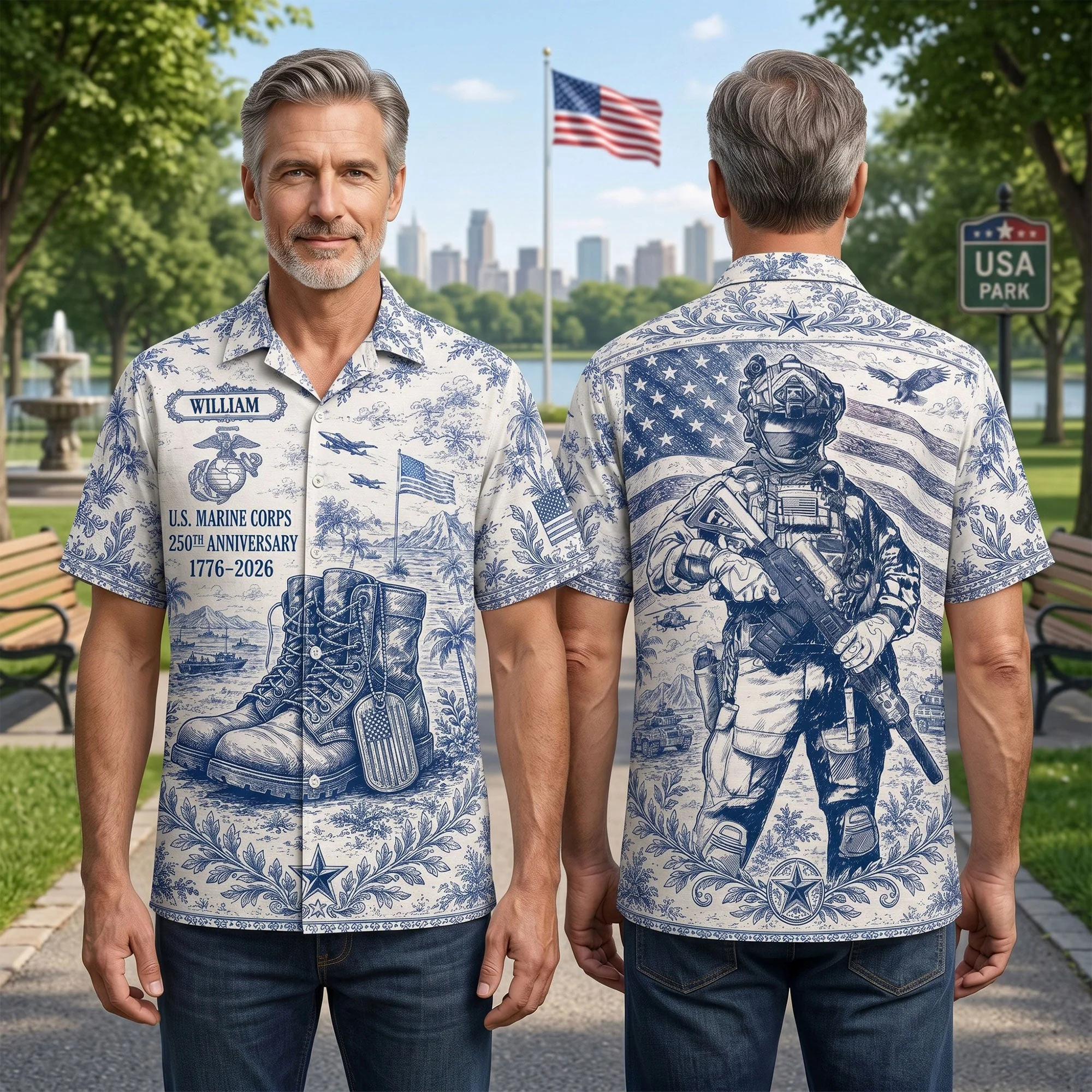 Toile De jouy American Military Veteran 250th Anniversary - Personalized Hawaiian Shirt - Gift For Him