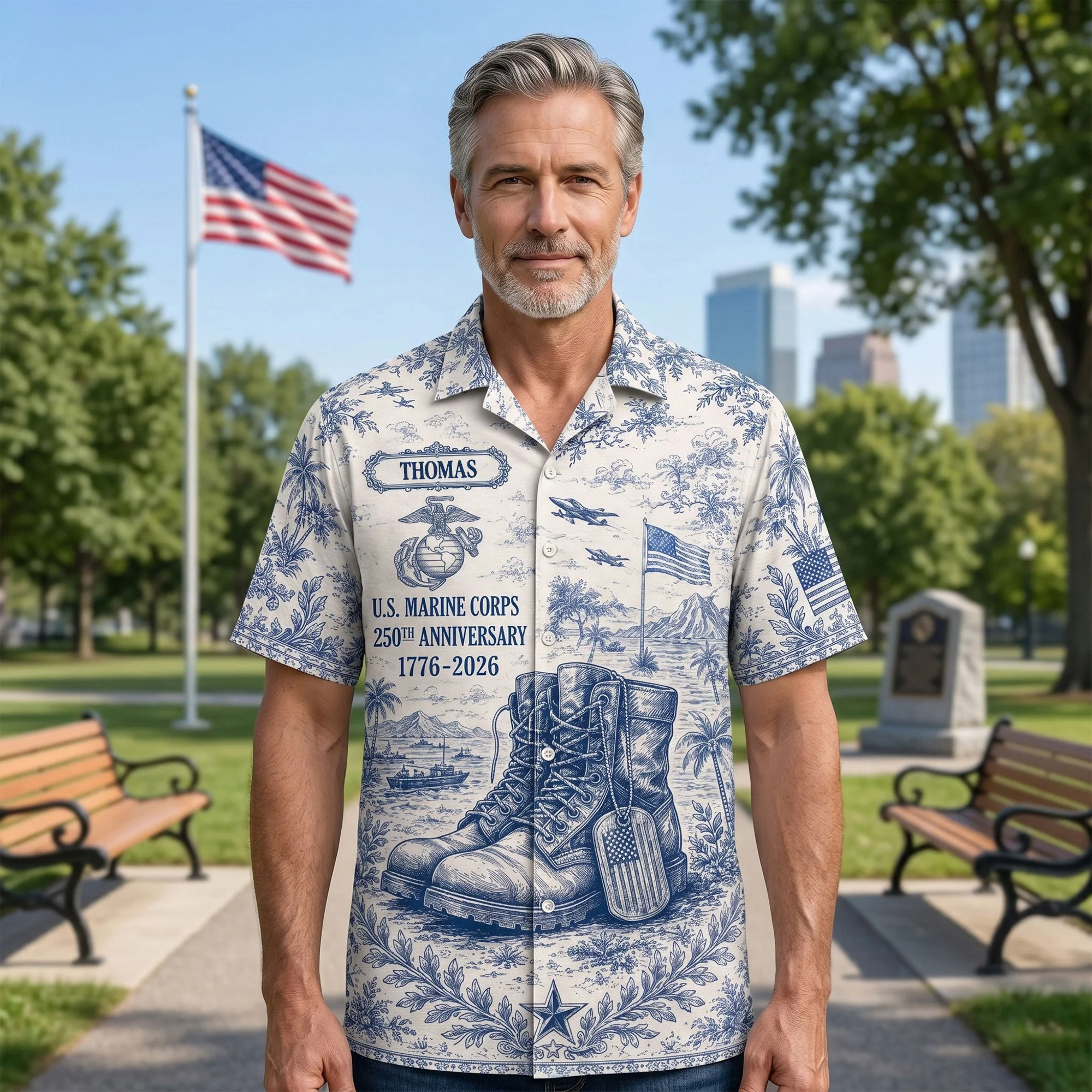 Toile De jouy American Military Veteran 250th Anniversary - Personalized Hawaiian Shirt - Gift For Him - Image 2