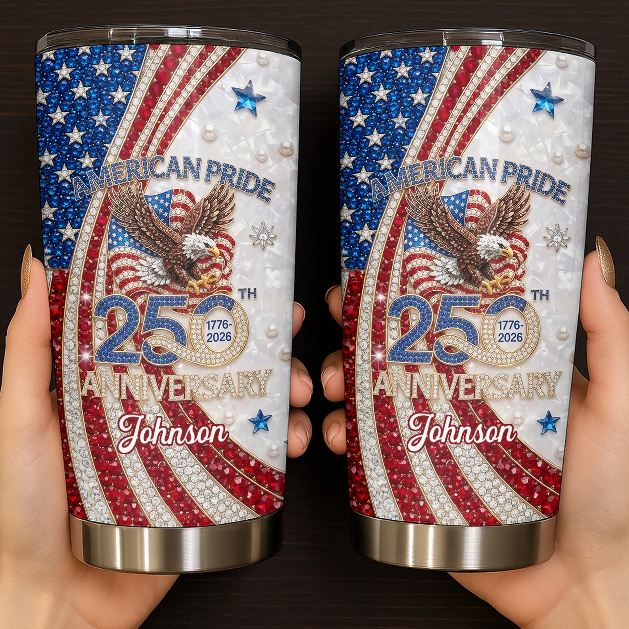 American Pride 250th Anniversary Sparkling Patriotic Eagle & Rhinestone - Personalized Stainless Steel Tumbler - Gift For Patriots - Image 3