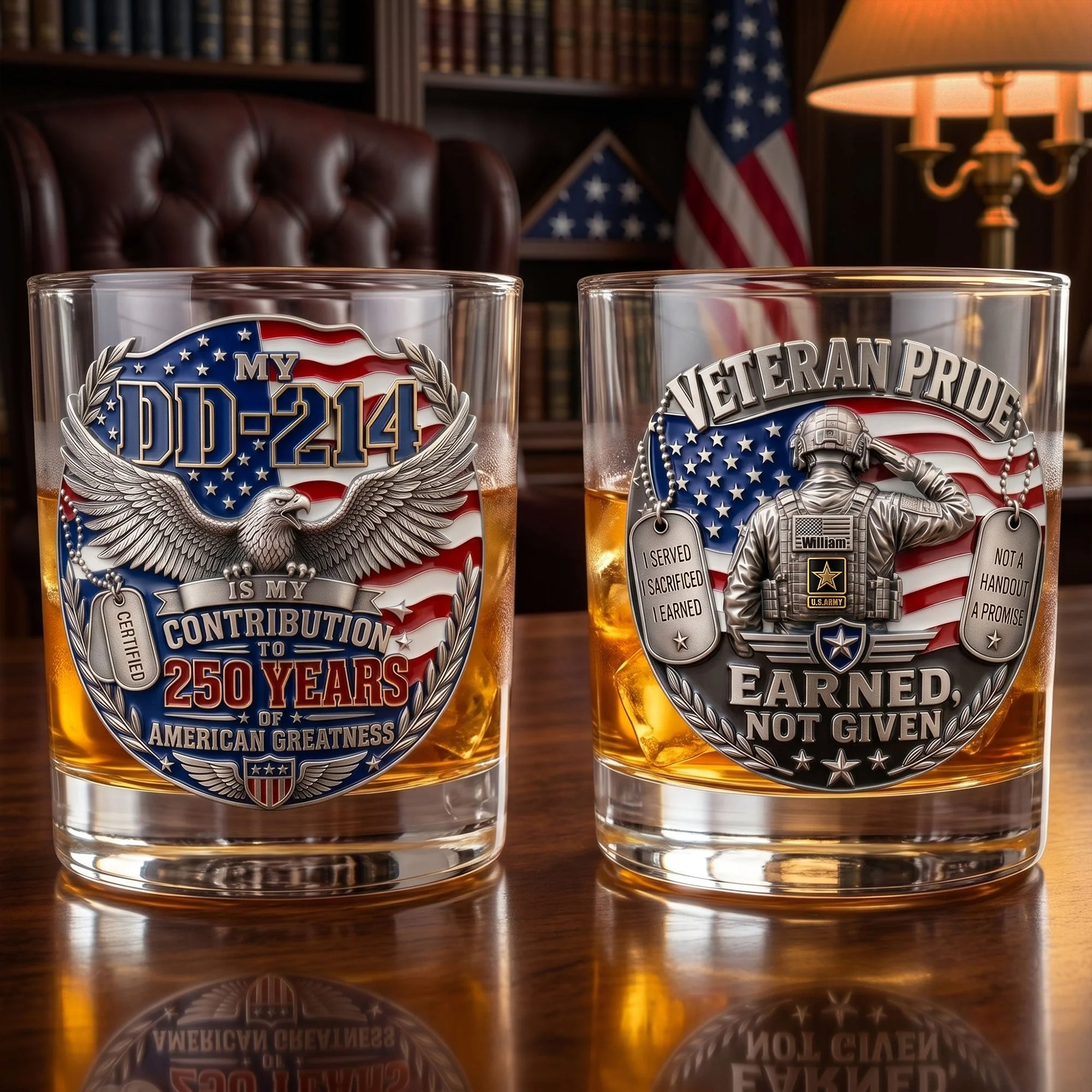 American Veteran DD-214 Earned Not Given - Personalized Whiskey Glass - Gift For Him