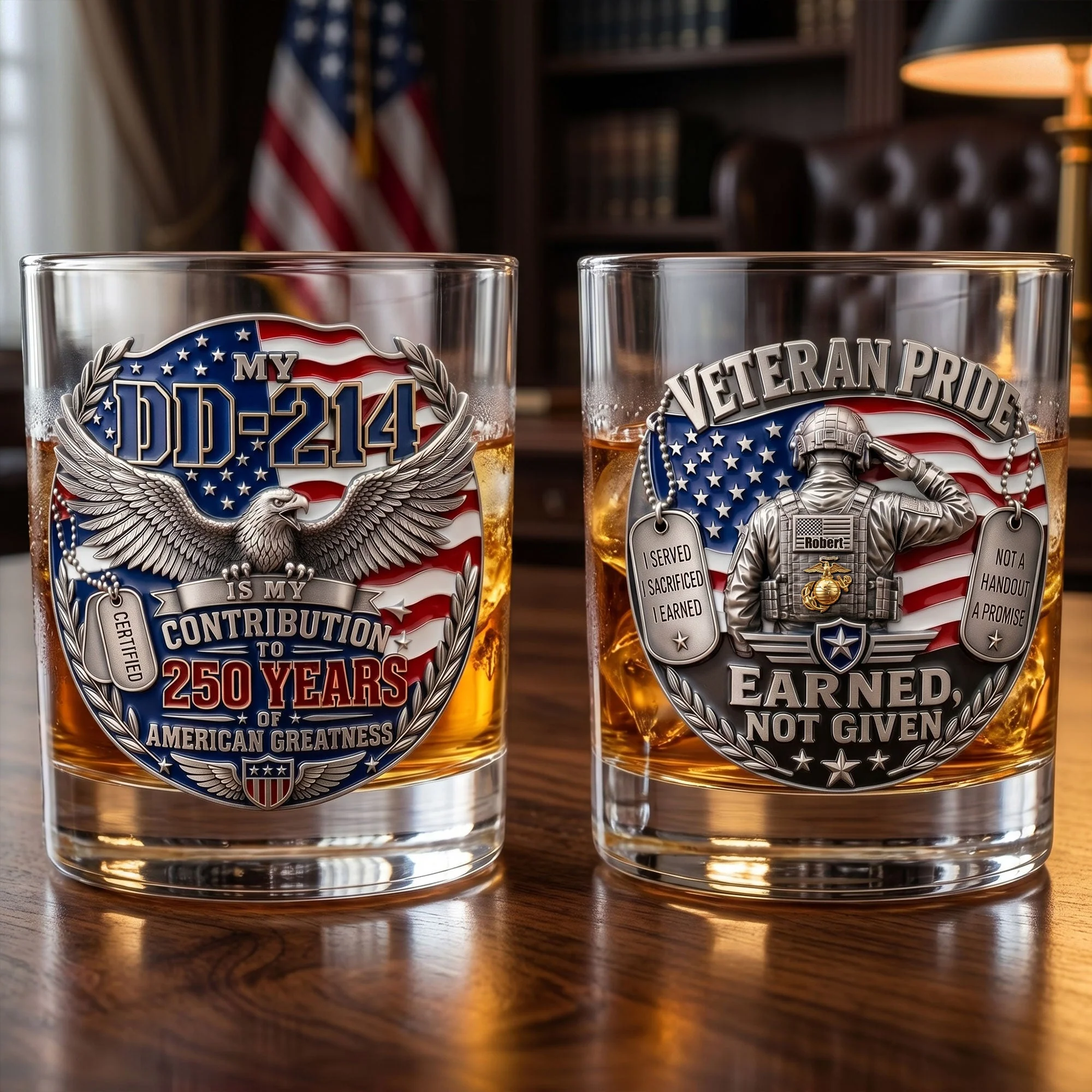 American Veteran DD-214 Earned Not Given - Personalized Whiskey Glass - Gift For Him - Image 2