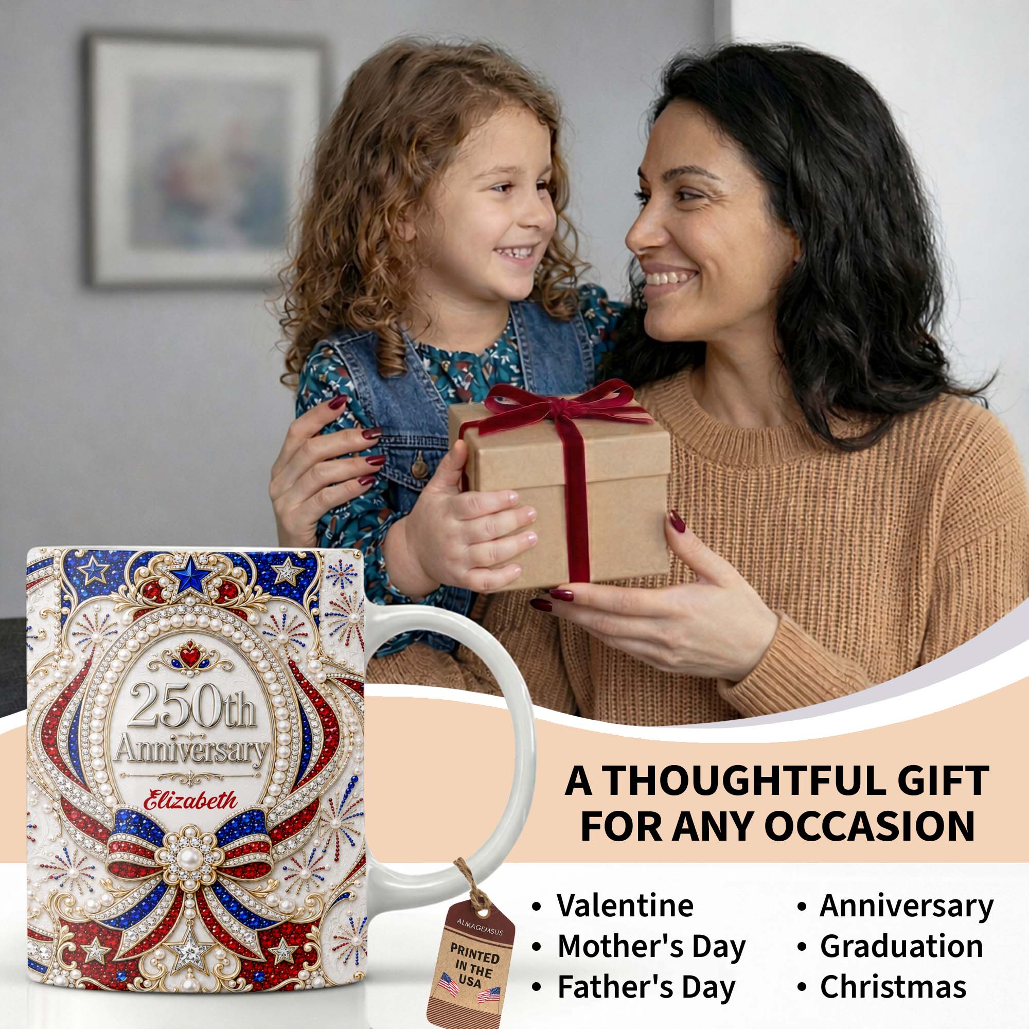 Americas 250th Anniversary Ornate Pearl Bow - Personalized White Mug - Gift For Her - Image 13