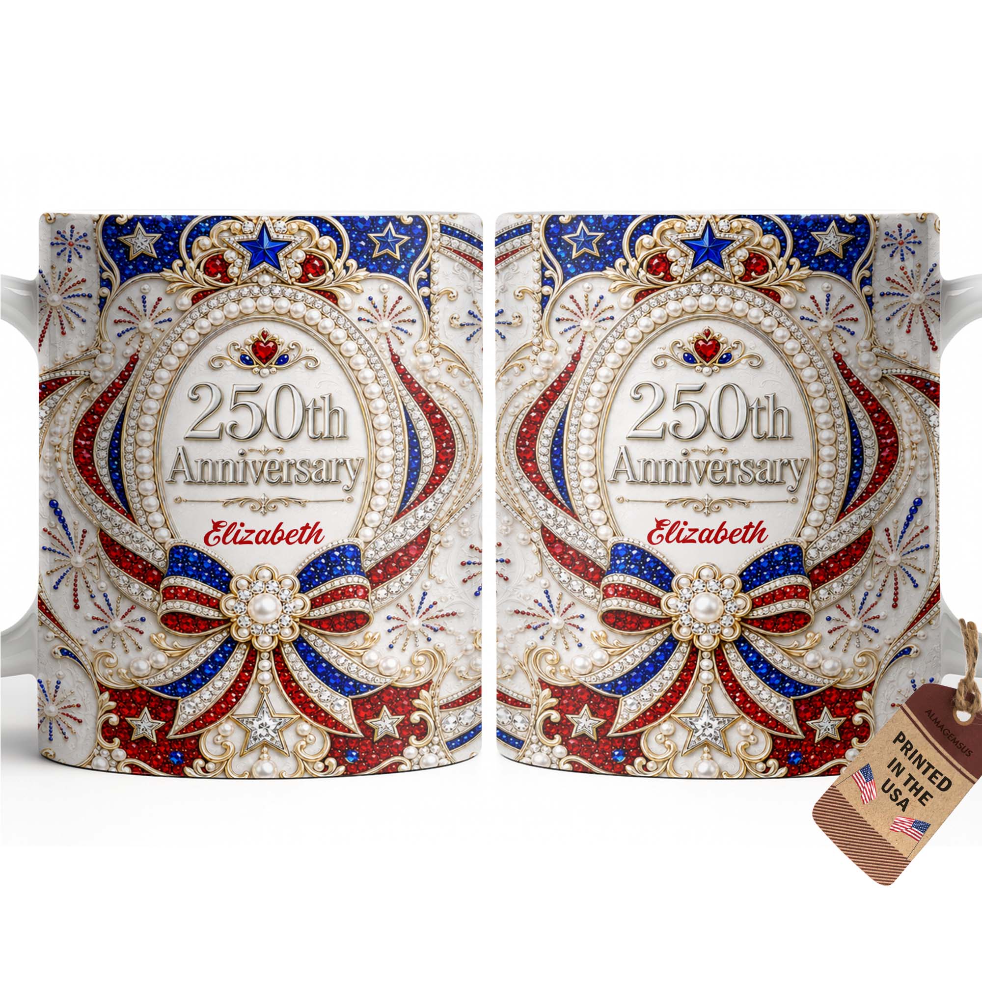 Americas 250th Anniversary Ornate Pearl Bow - Personalized White Mug - Gift For Her - Image 15