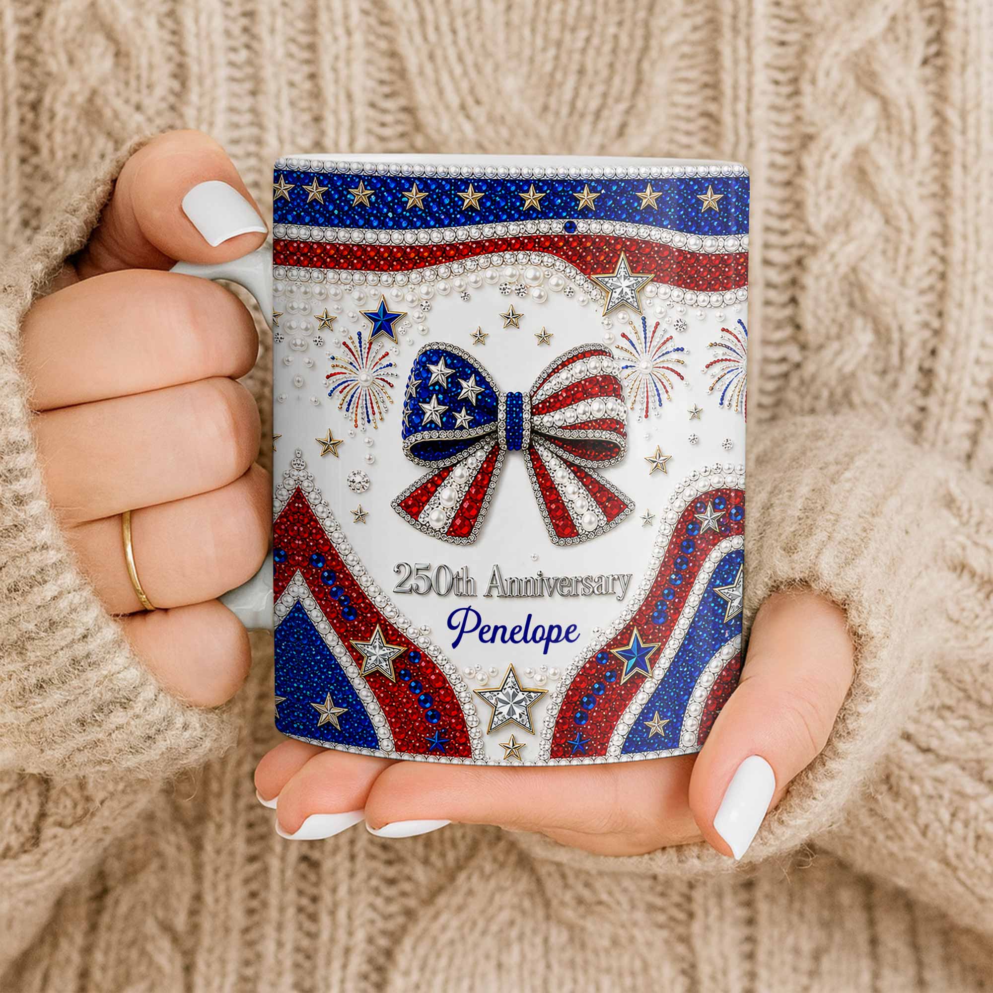Americas 250th Anniversary Pearl Gemstone Bow - Personalized White Mug - Gift For Her - Image 4