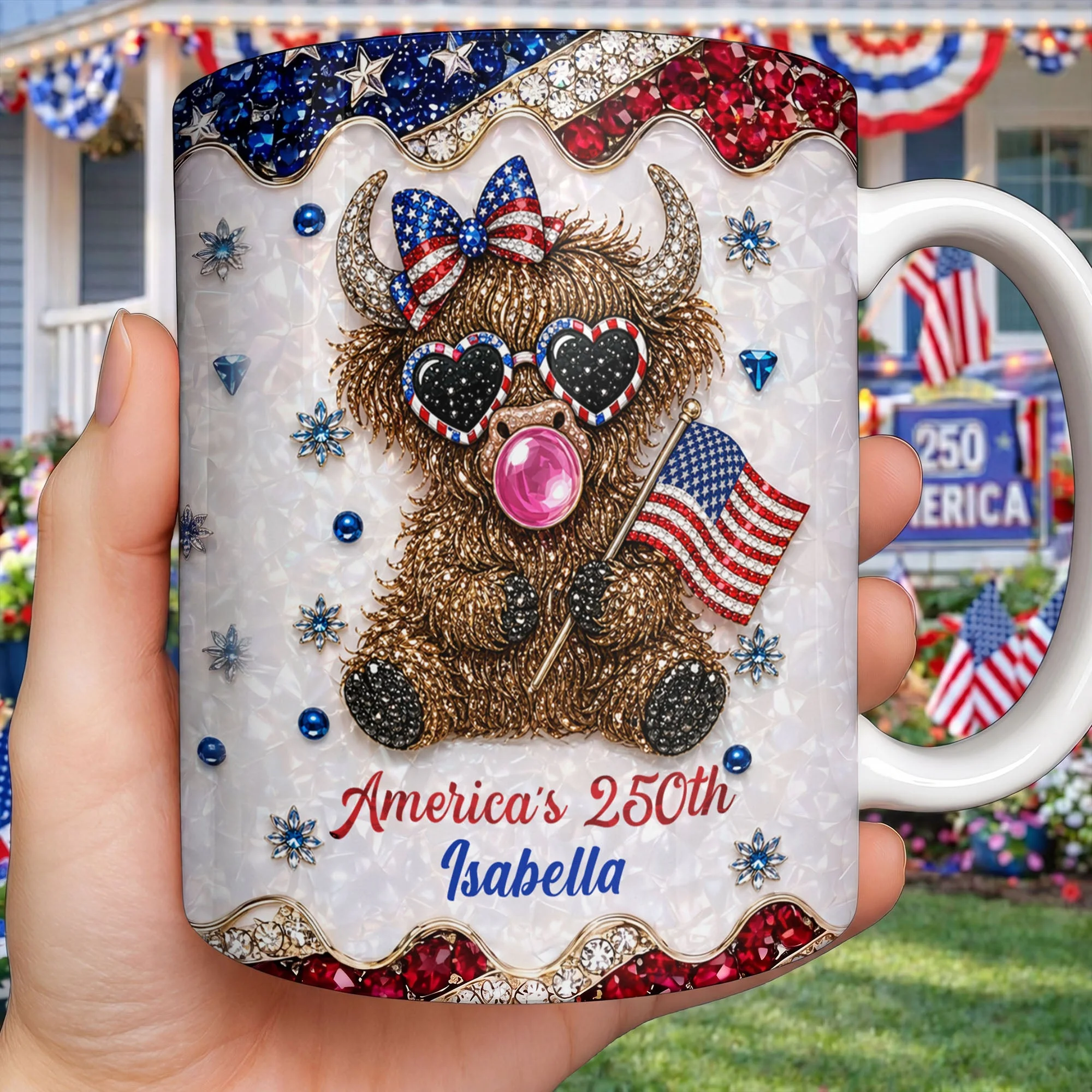 Americas 250th Cute Highland Cow Bubblegum - Personalized White Mug - Gift For Her