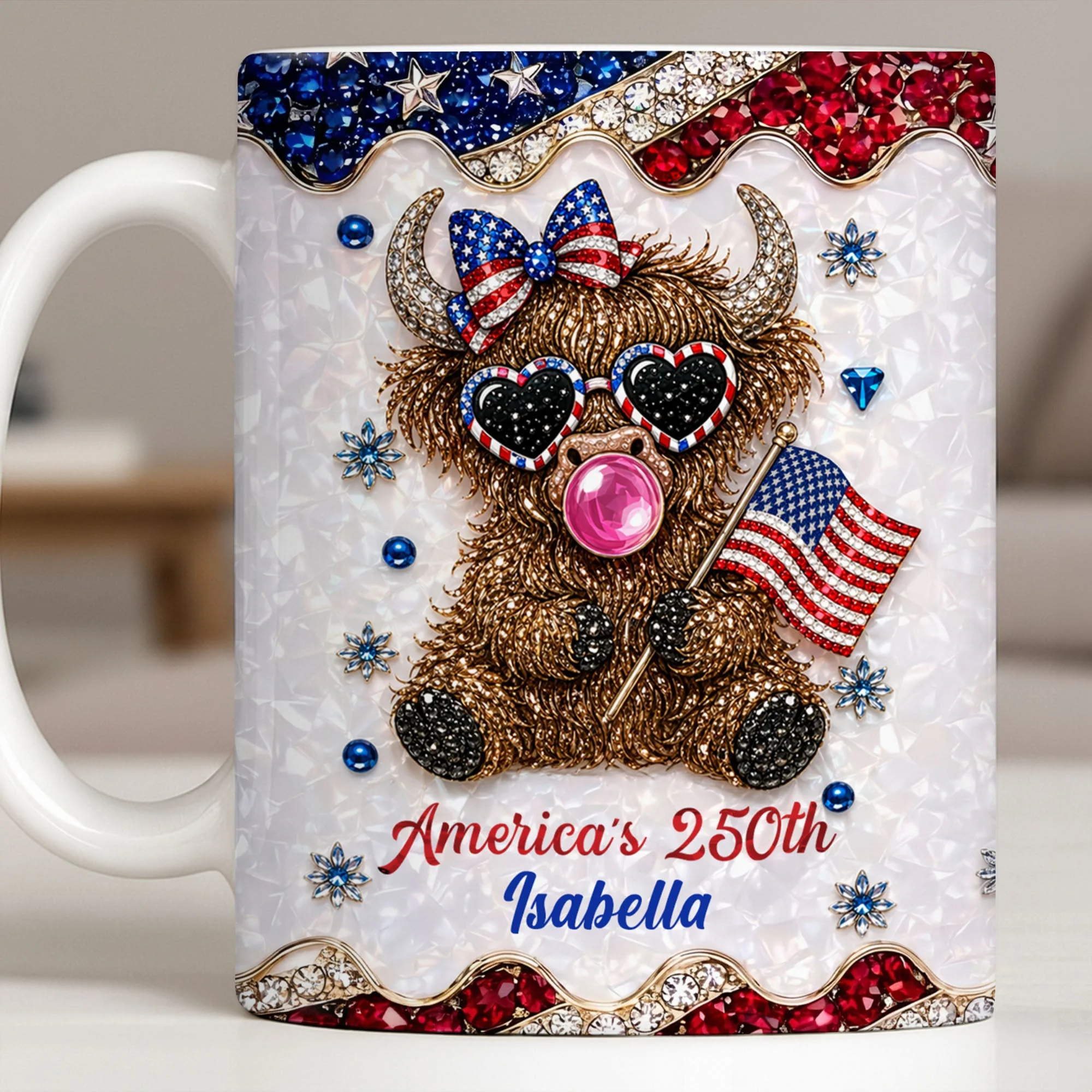 Americas 250th Cute Highland Cow Bubblegum - Personalized White Mug - Gift For Her - Image 10