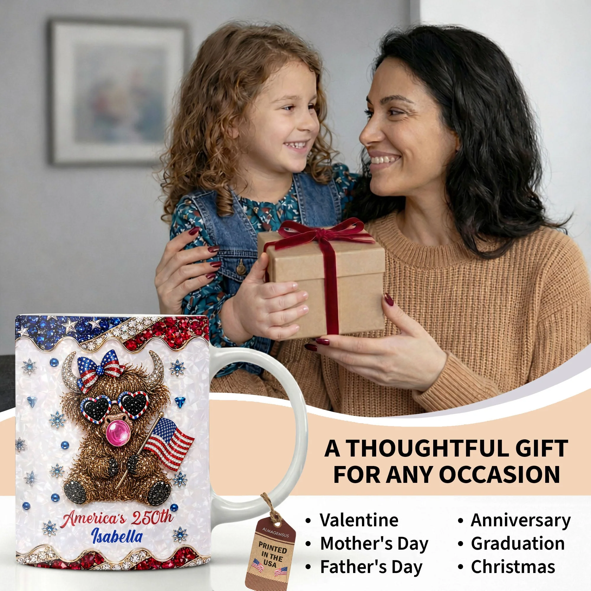 Americas 250th Cute Highland Cow Bubblegum - Personalized White Mug - Gift For Her - Image 12