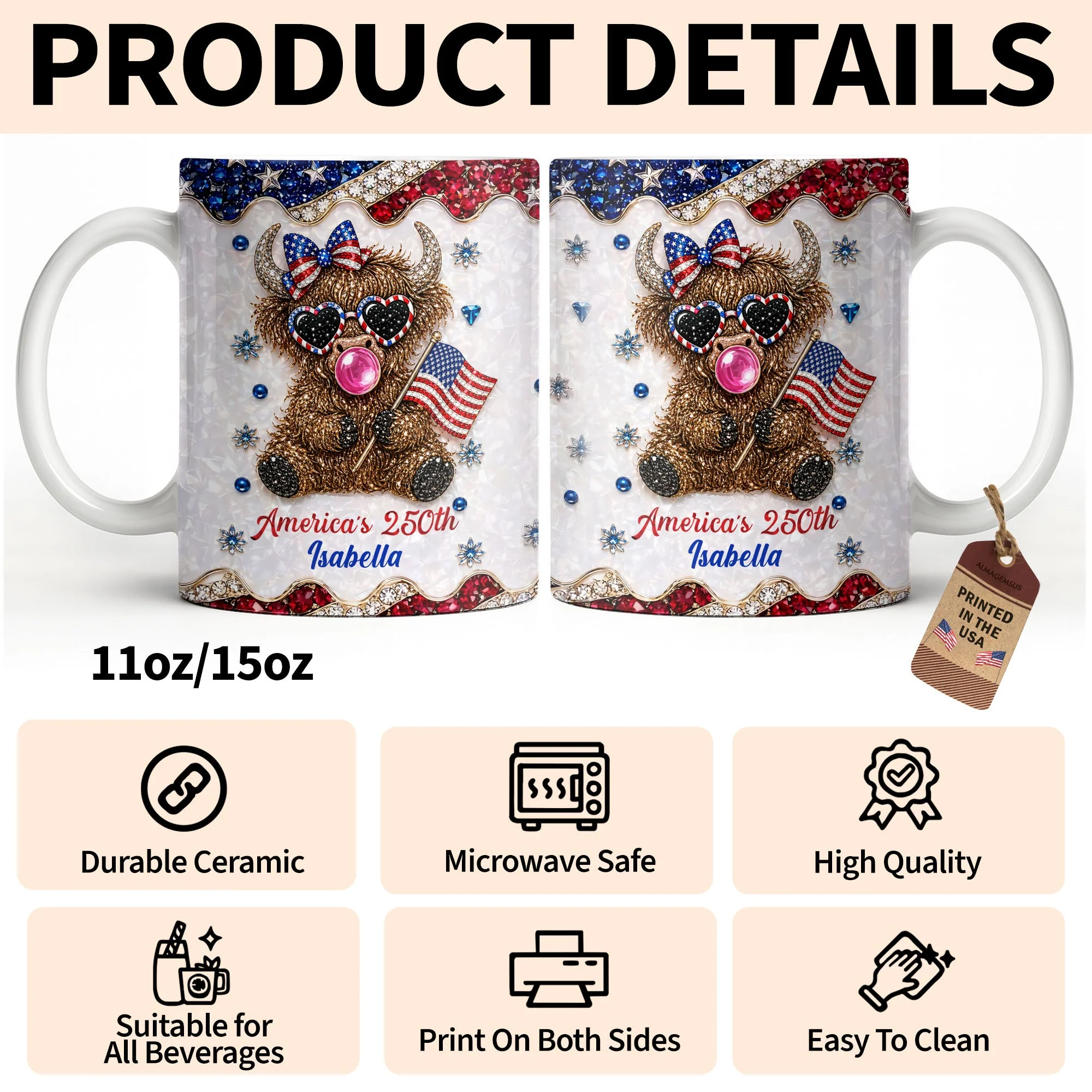 Americas 250th Cute Highland Cow Bubblegum - Personalized White Mug - Gift For Her - Image 13