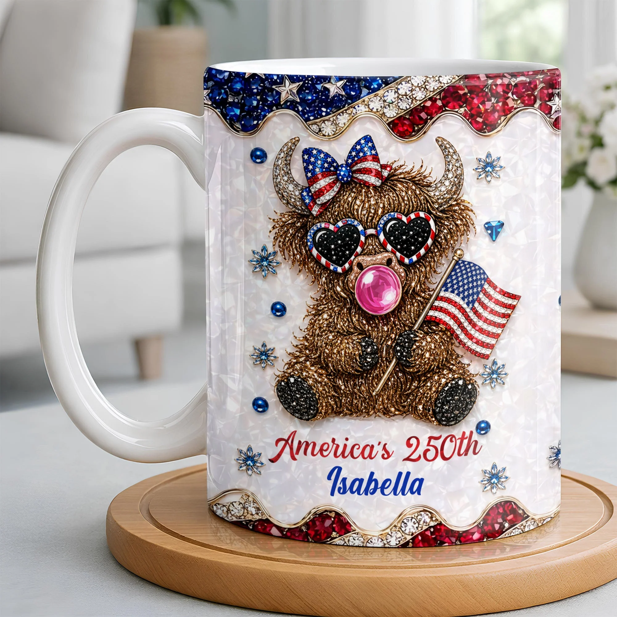 Americas 250th Cute Highland Cow Bubblegum - Personalized White Mug - Gift For Her - Image 2